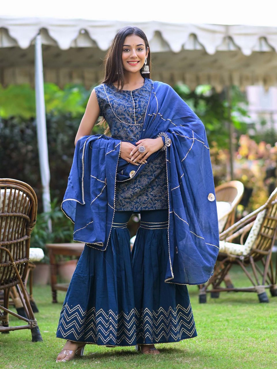 Women's Royal Blue Block Print Sharara Suit Set - Hatheli