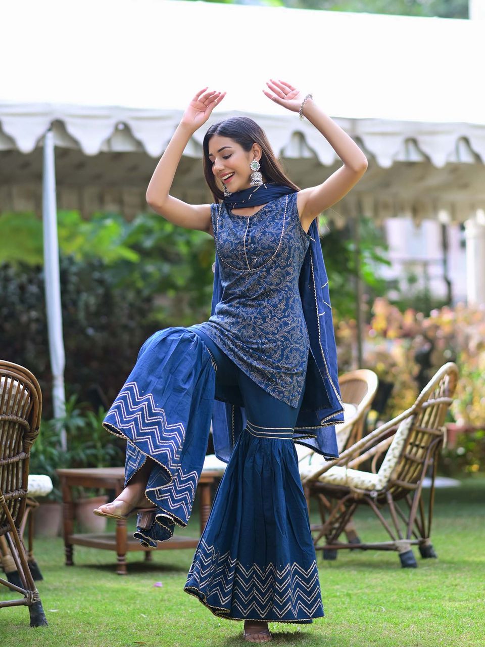Women's Royal Blue Block Print Sharara Suit Set - Hatheli