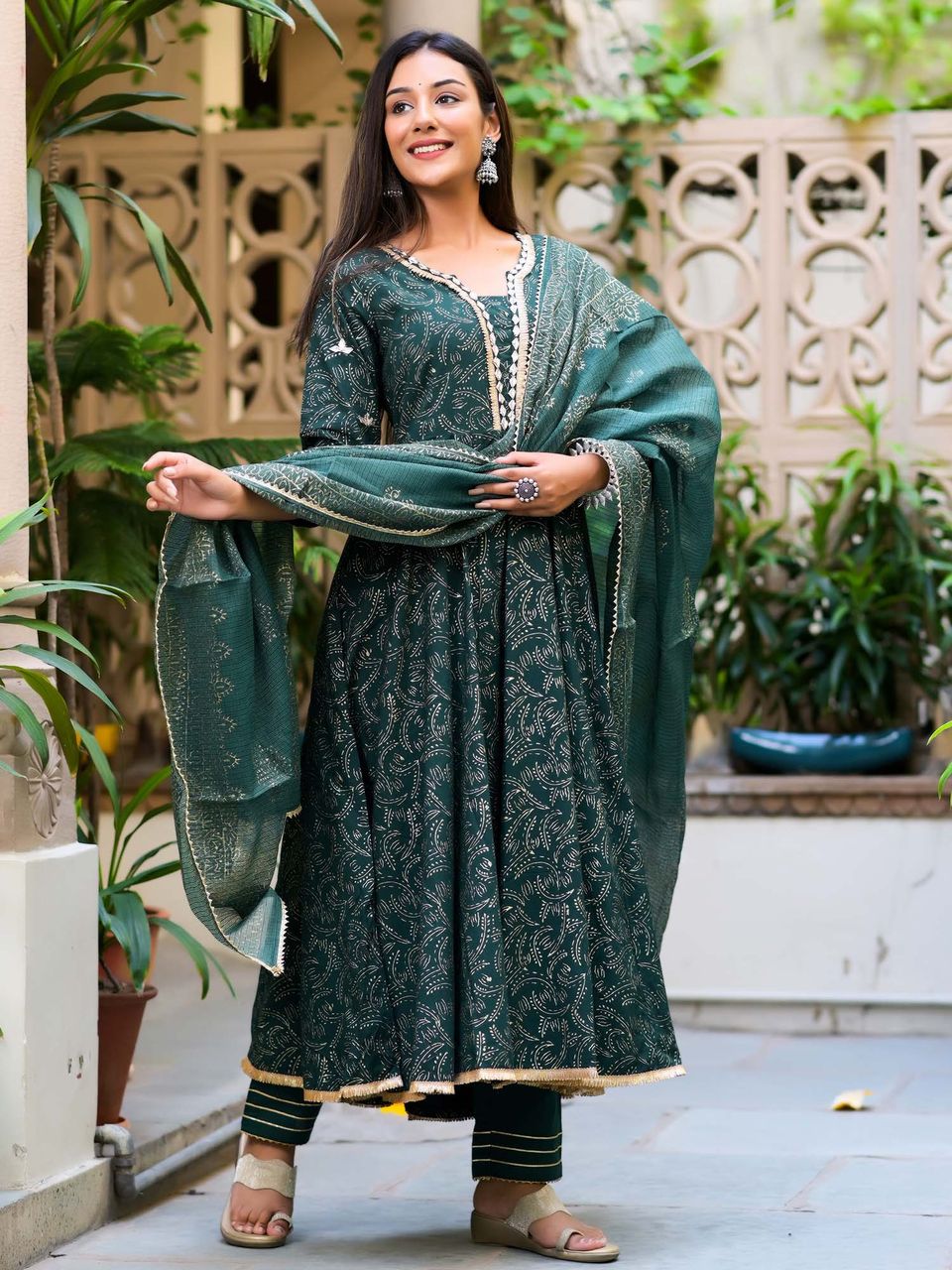 Women's Dark Green Block Print Anarkali Suit Set - Hatheli