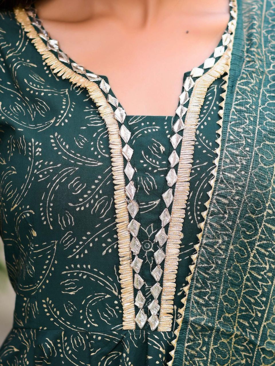 Women's Dark Green Block Print Anarkali Suit Set - Hatheli