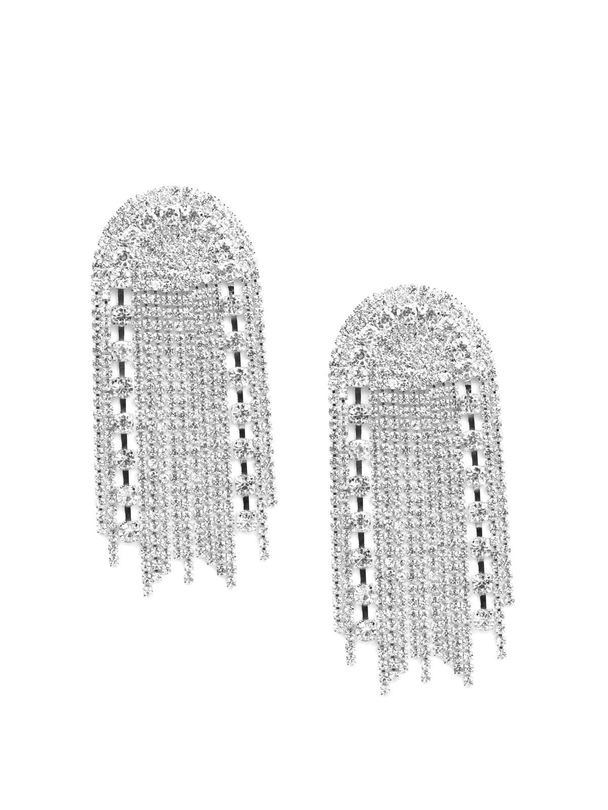 Women's Heavily Embellished Overlapping Crystal Drop Earrings- Silver - Odette