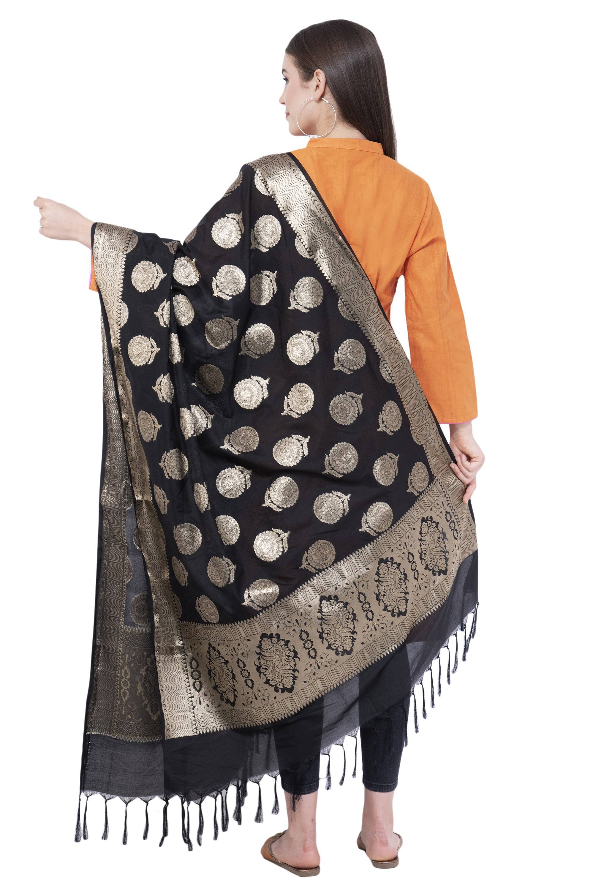 A R Silk Women's Zari Embroidery Vanarsi Silk Black Dupattas and Chunnis