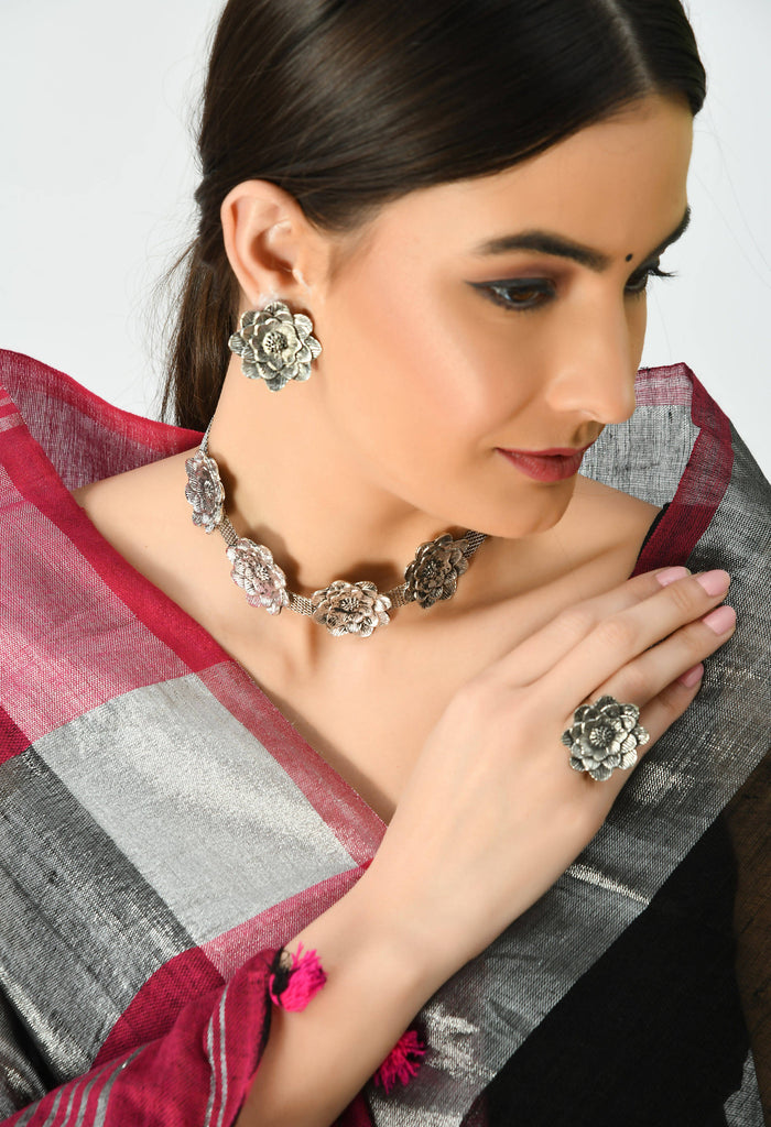 Johar Kamal German Silver Oxidised Choker Set Rose D