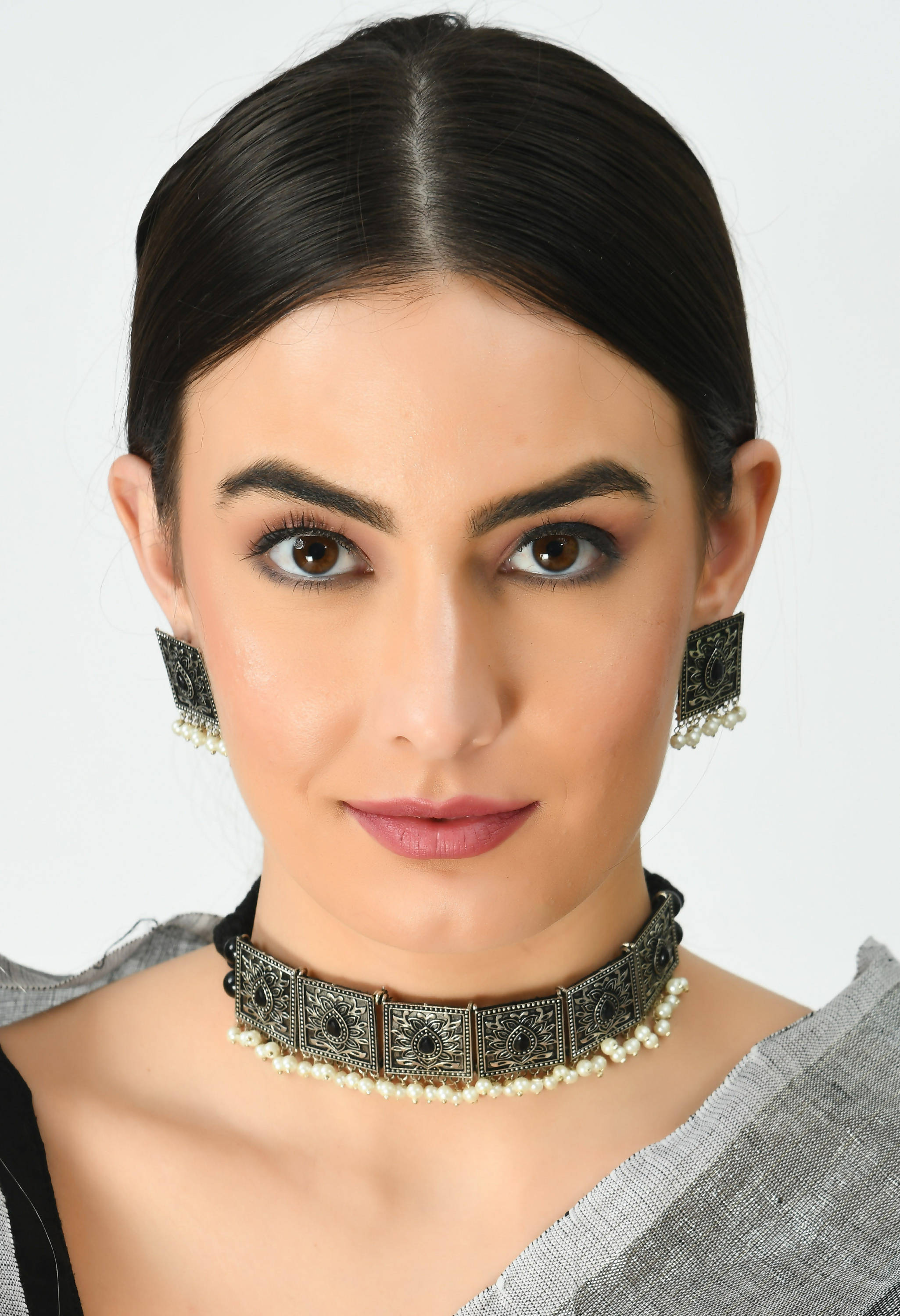 Kamal Johar Oxidised Silver-Plated Black Nacklace with Earrings Jkms_075