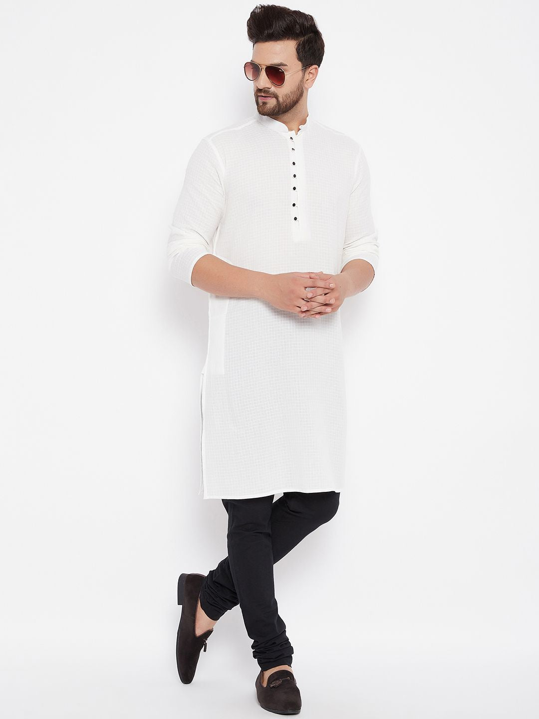 Men's Woven Design White Straight  Kurta - Even Apparels