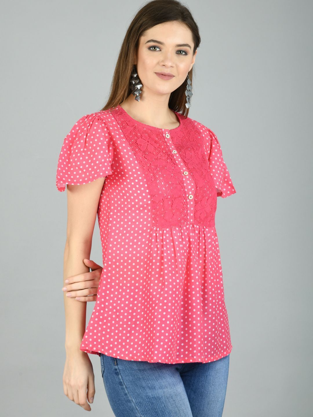 Women's Pink Polyester Printed Half Sleeve Round Neck Casual Top - Myshka