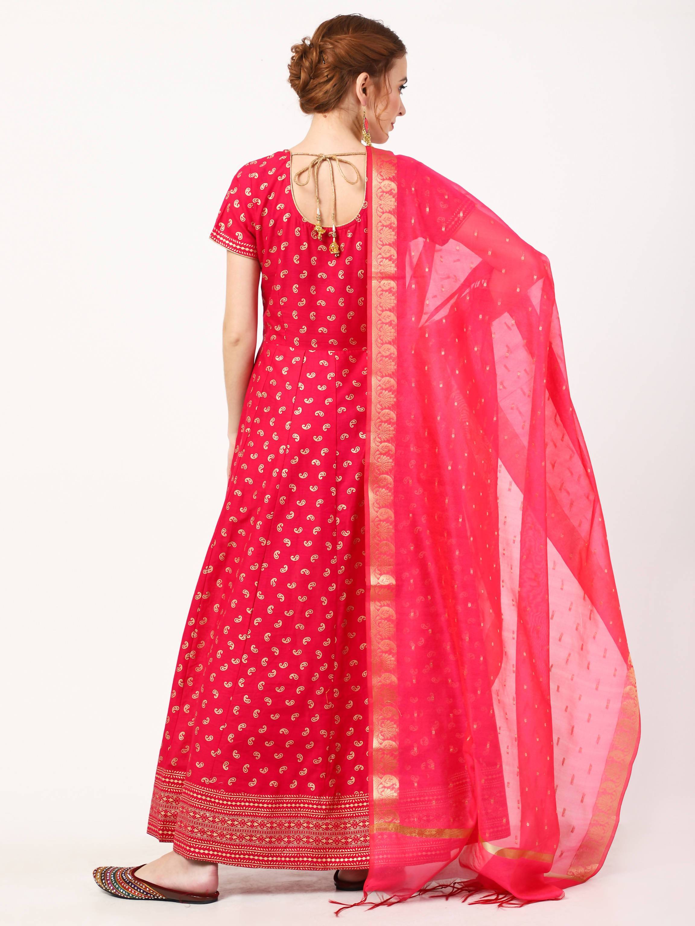 Women's Deep Pink Cotton & Silk Hand Block Print Long Dress With Silk Dupatta Set - Cheera