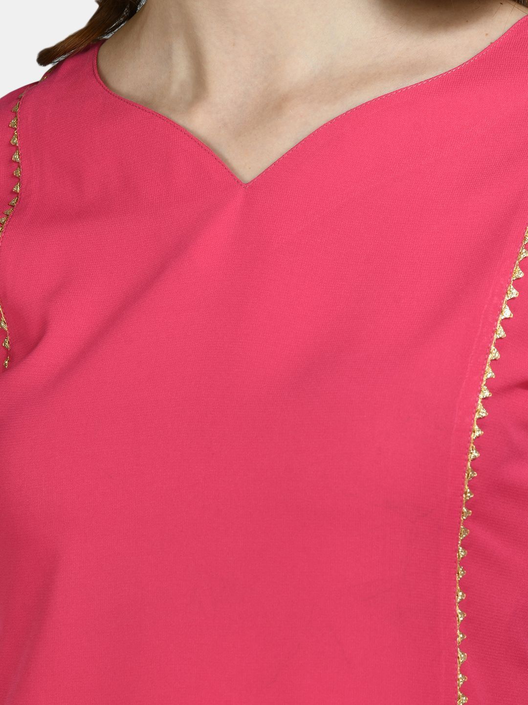 Women's Pink Viscose Solid 3/4 Sleeve V Neck Casual kurta Palazzo Dupatta Seta - Myshka