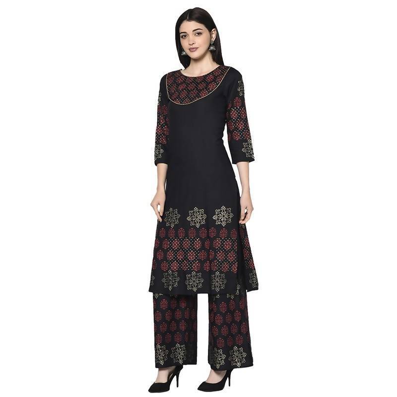 Women's Black Rayon Block print straight kurta