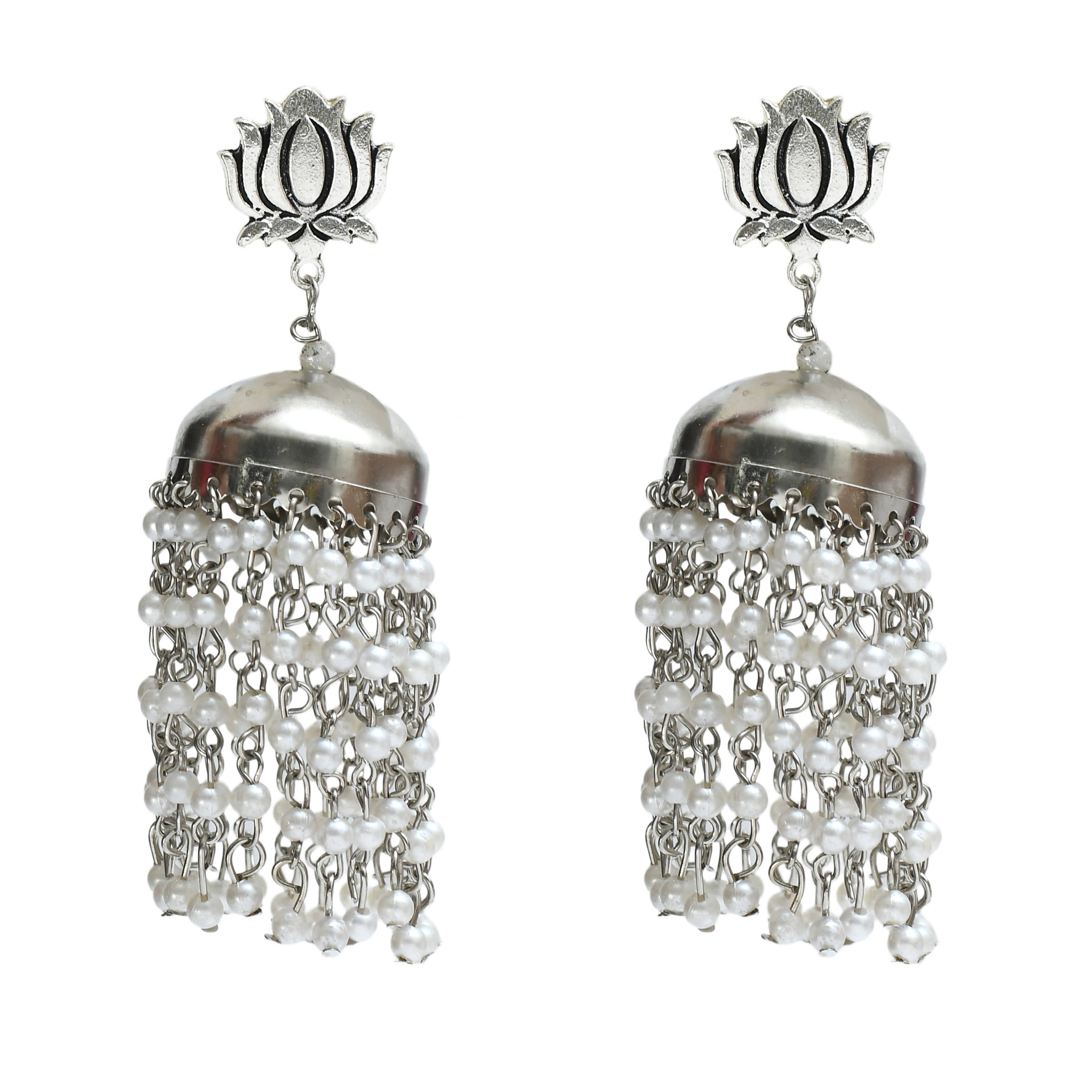 Johar Kamal Silver-Plated Lotus design Earrings with Pearls Jhumkas Jker_077
