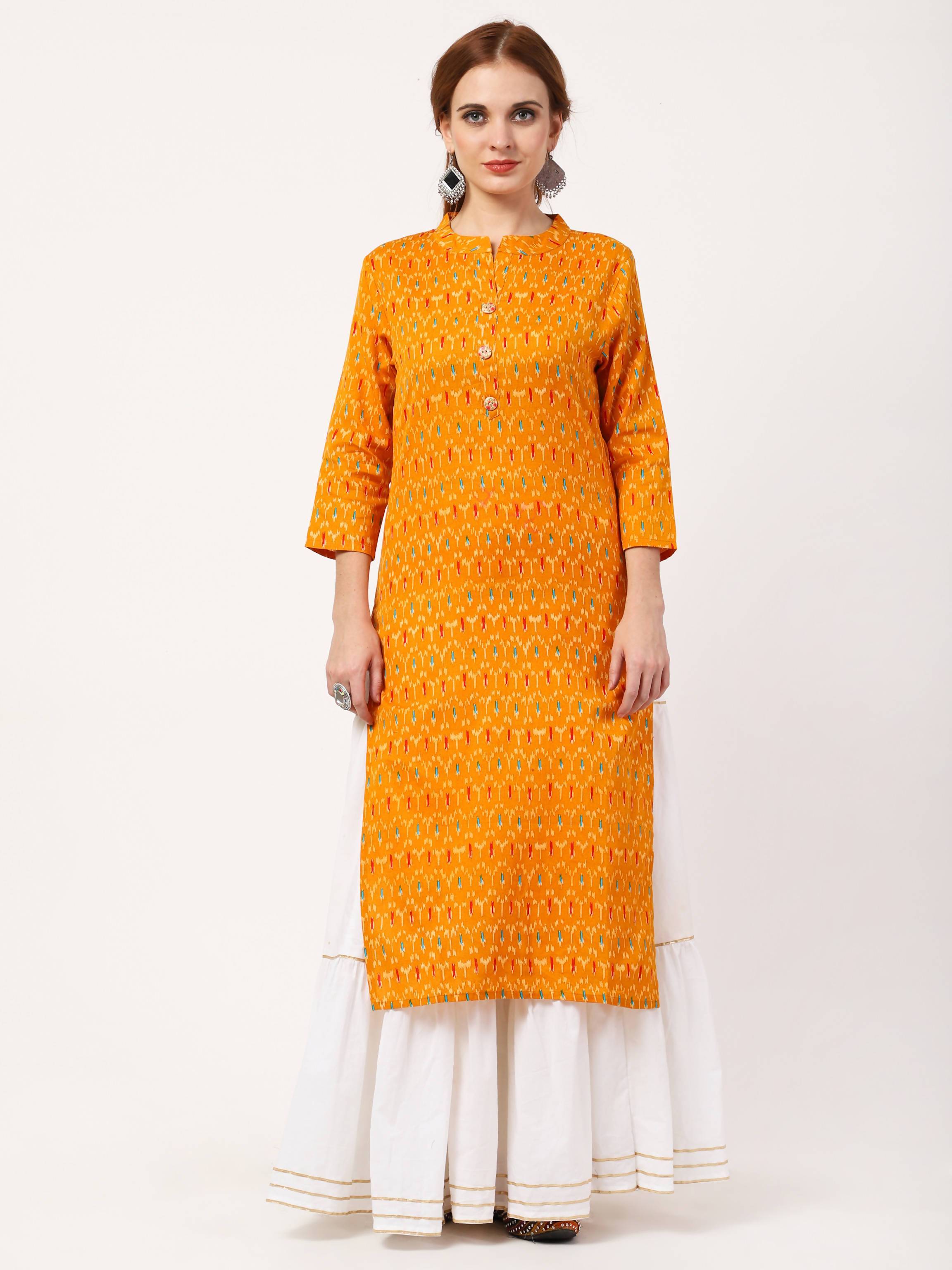 Women's Yellow & White Cotton Flex Kurta With Skirt & Embroidered Dupatta Set - Cheera