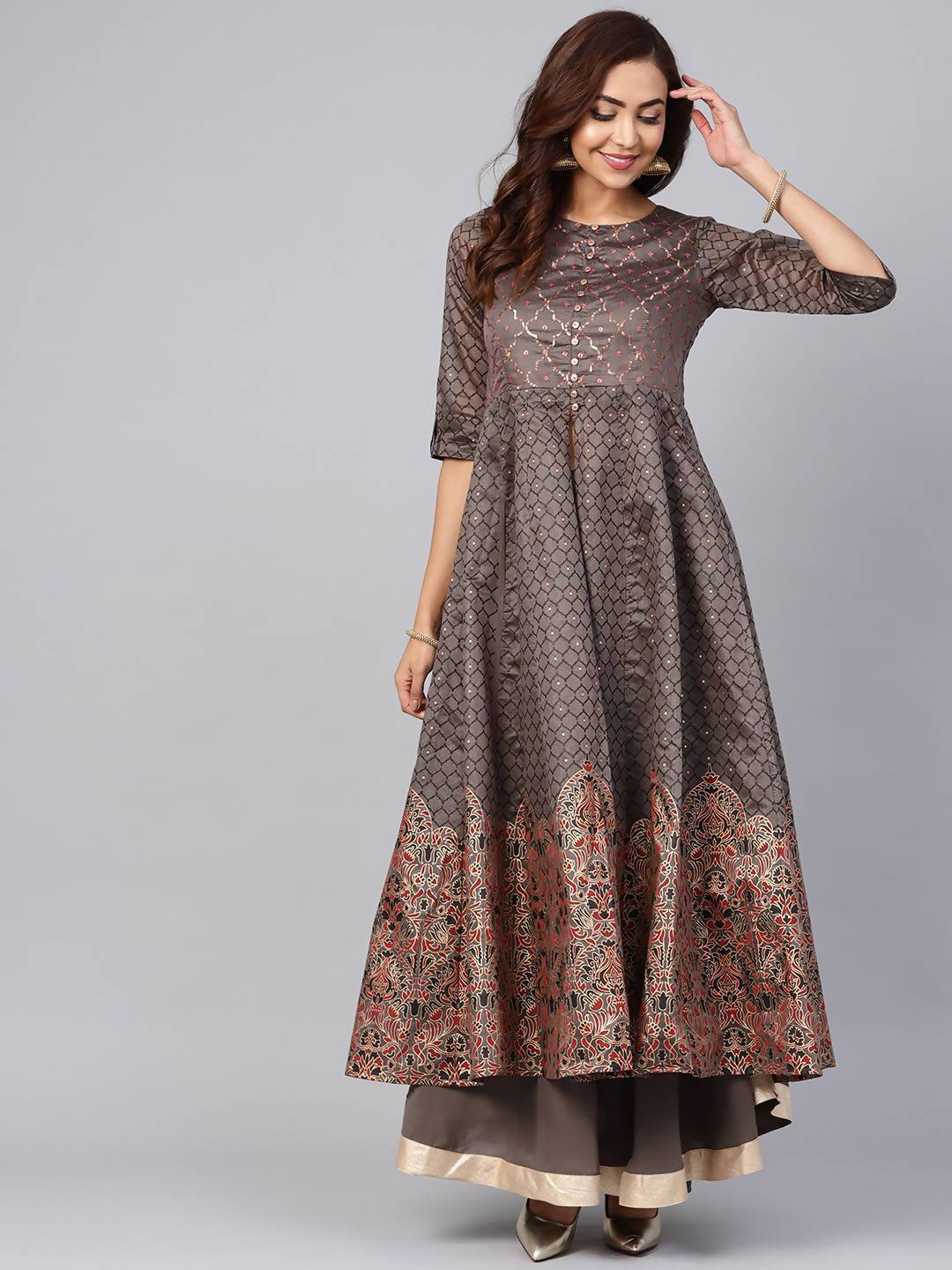 Buy_Women's_Grey_Chanderi_Printed_Kurta_With_Solid_Skirt_Online_Trendia