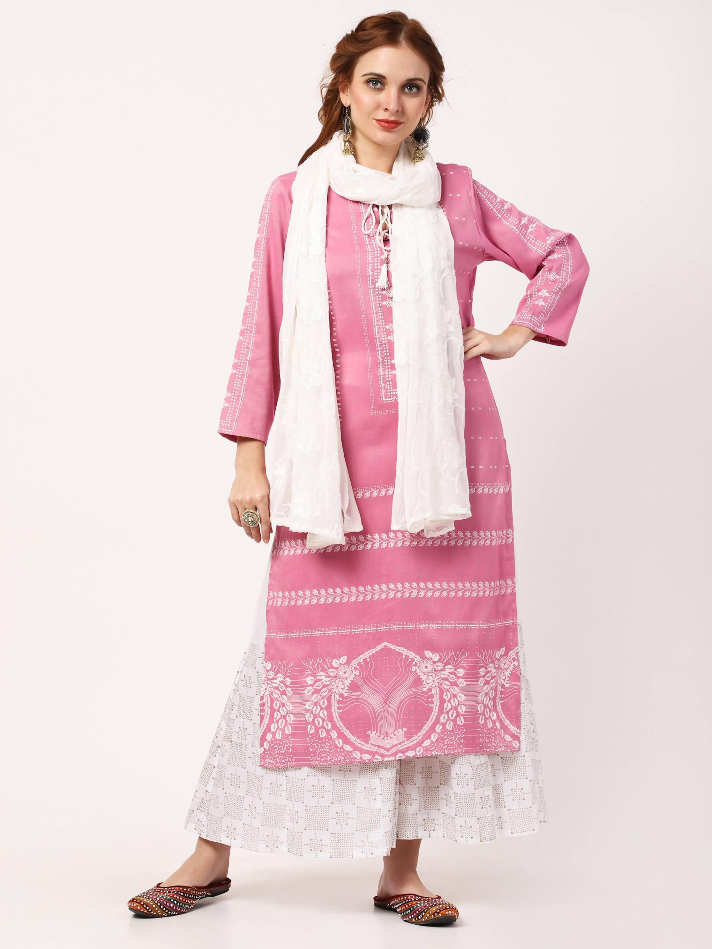 Women's Pale Pink & White Viscose Rayon Printed Kurta Palazzo With Embroidered Dupatta Set - Cheera