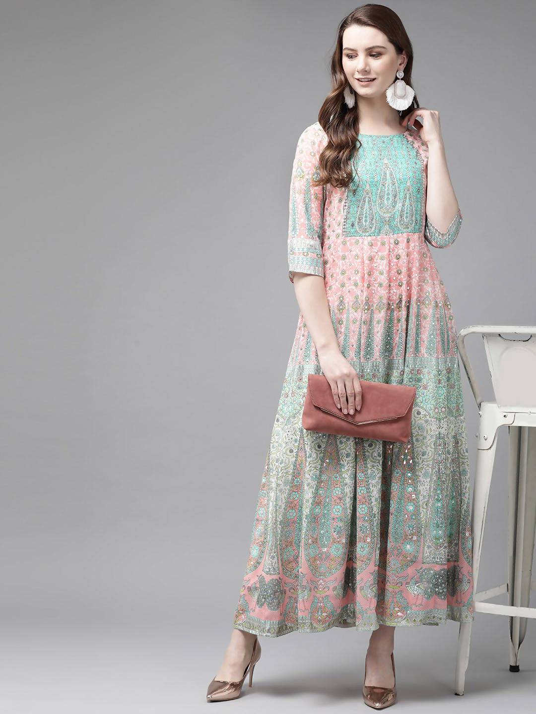 Buy_Women's_Peach_Georgette_Printed_Kalidar_Dress_Online_Trendia