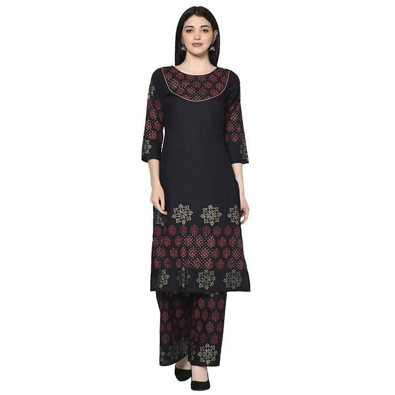 Women's Black Rayon Block print straight kurta