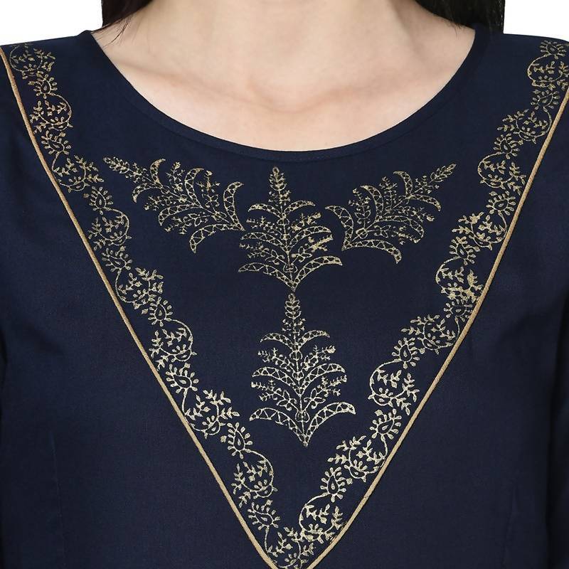Women's Navy Blue Rayon Foil print Anarkali kurta