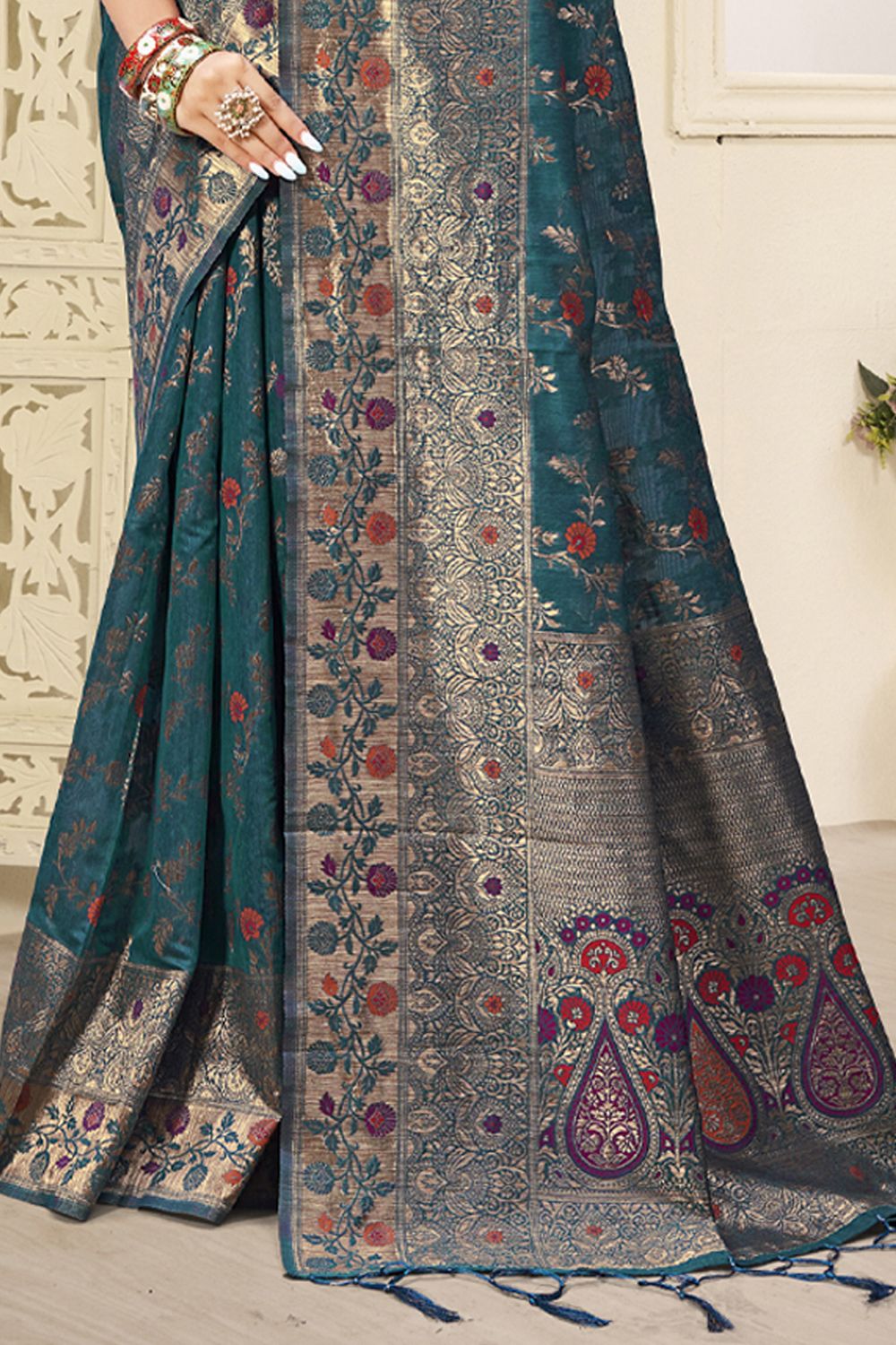 Women's Teal Cotton Woven Zari Work Traditional Tassle Saree - Sangam Prints
