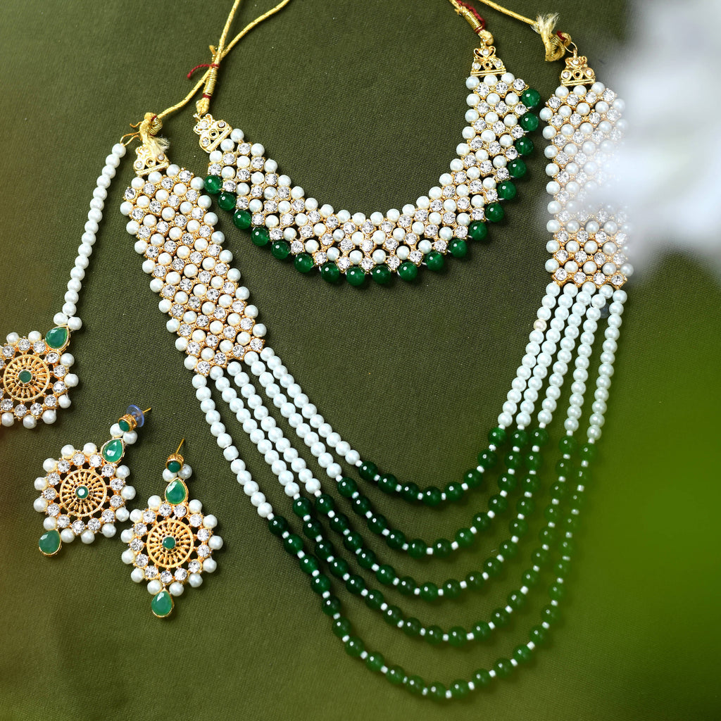 Kamal Johar Gold-Plated Rani Haar with Green and Off white Pearls Jeweller