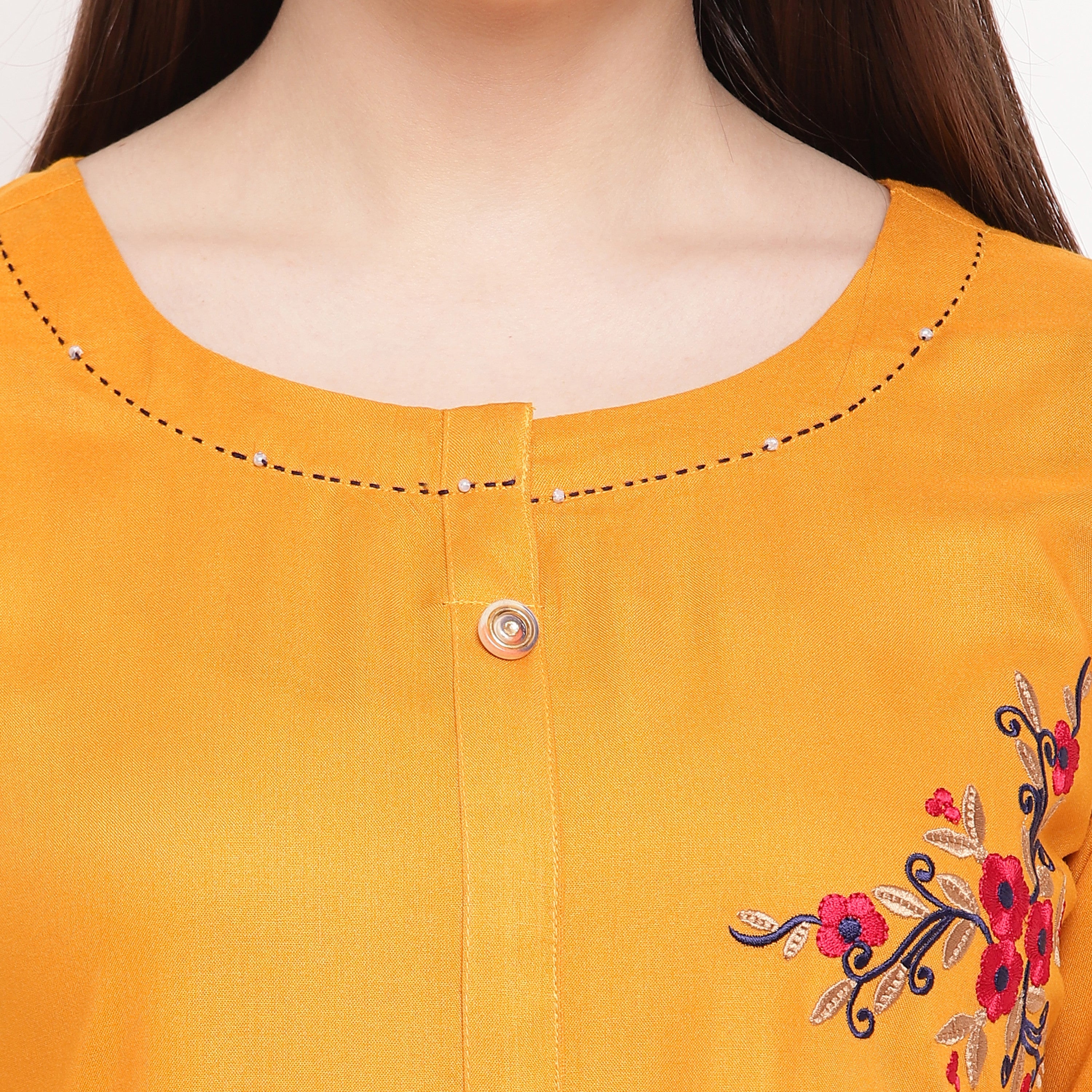Women's Embroidered/Solid Straight Rayon Yellow Kurta (1Pc) - Vbuyz