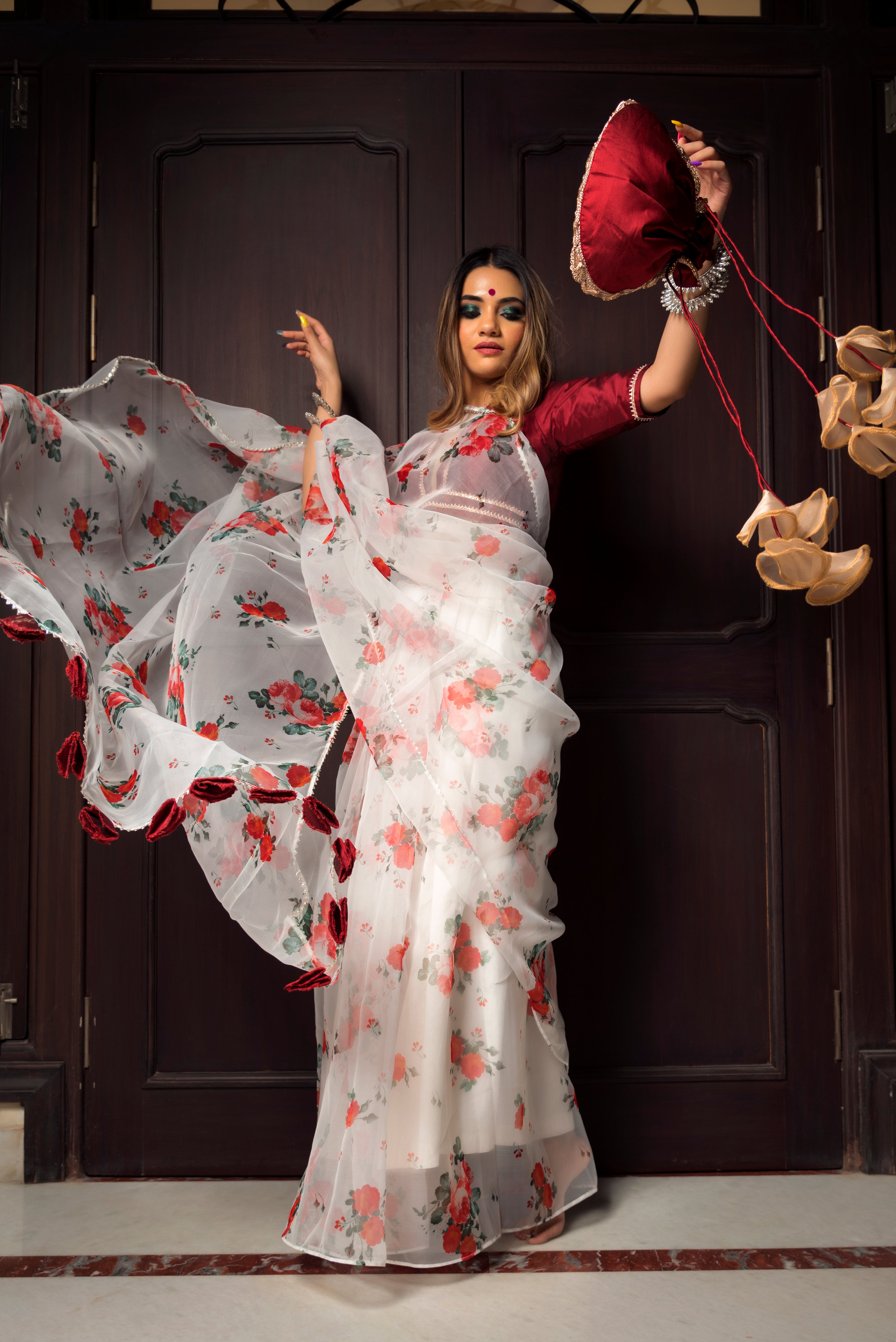 Women's red and white organza saree - Pomcha Jaipur