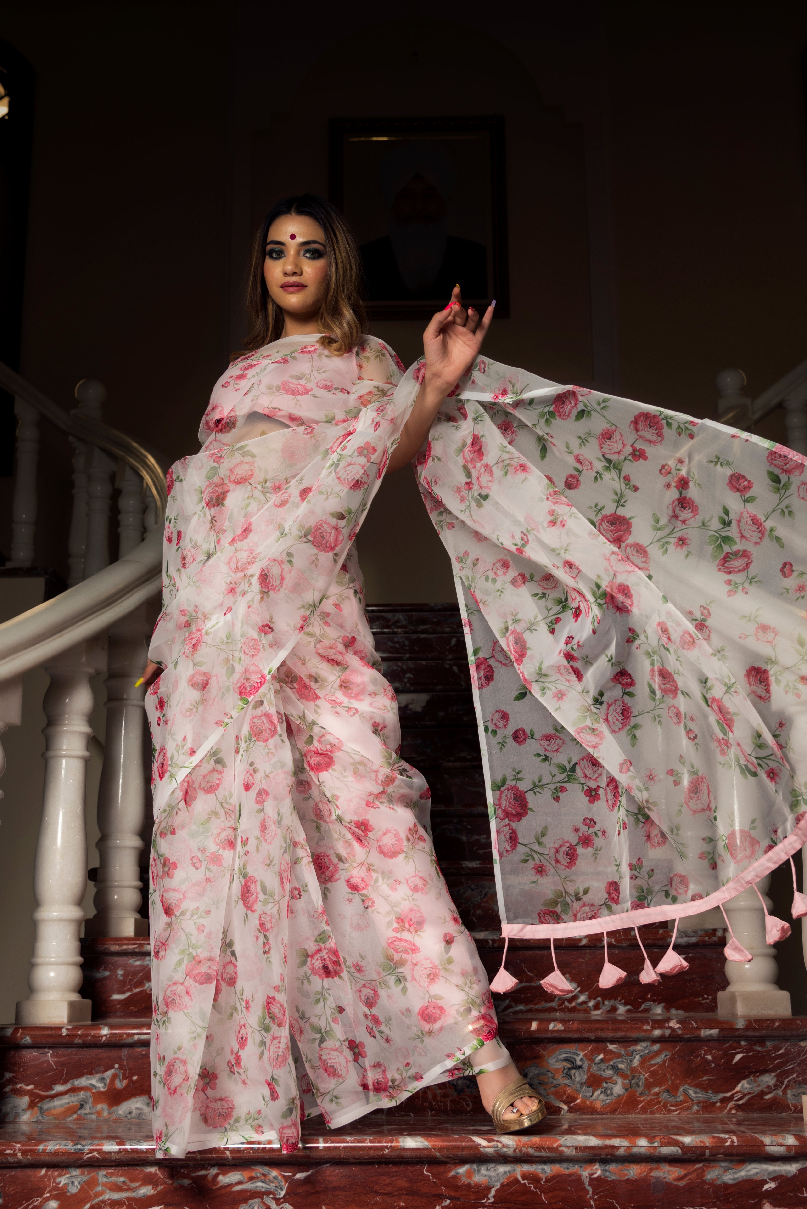 Women's pink white organza saree - Pomcha Jaipur