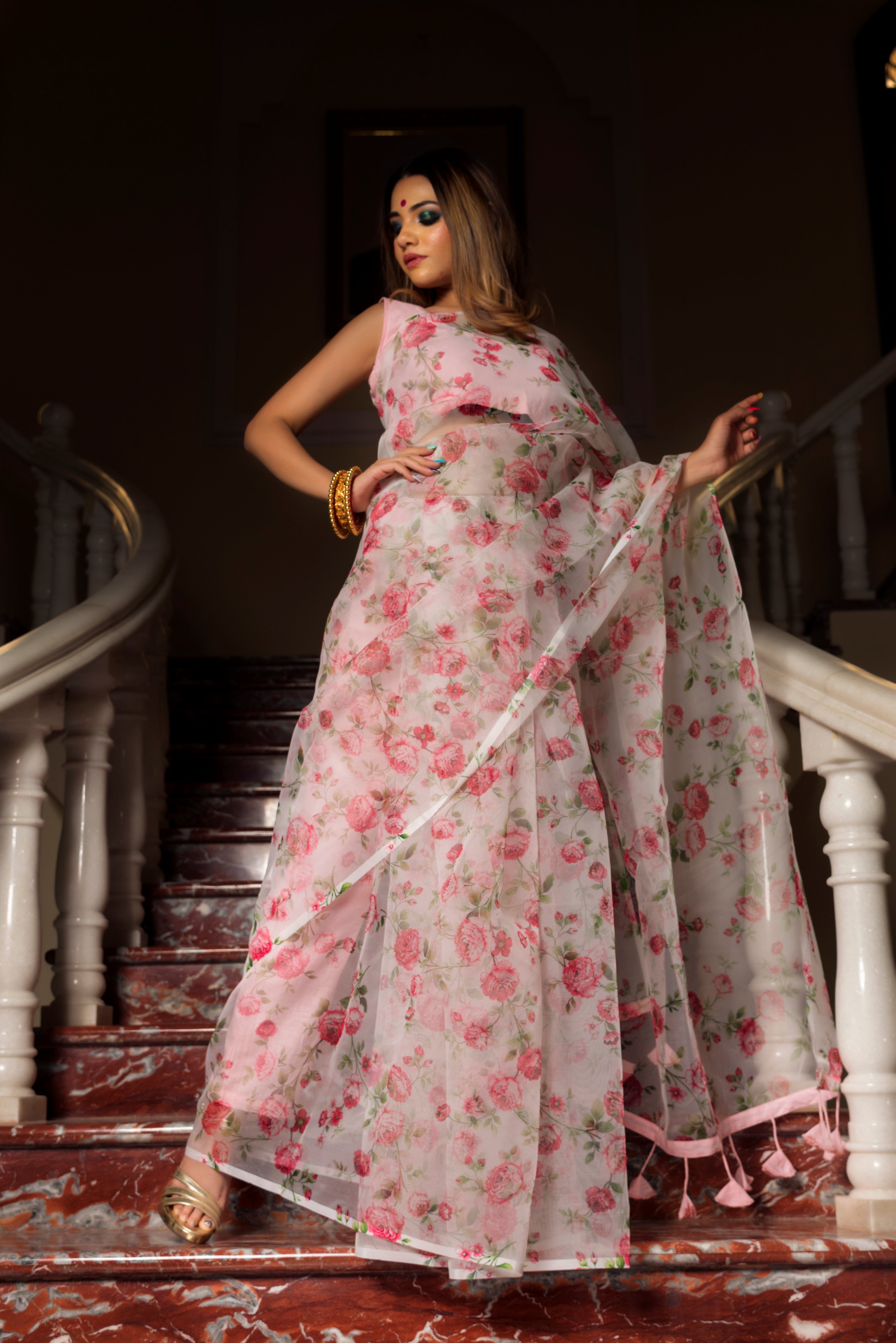 Women's pink white organza saree - Pomcha Jaipur