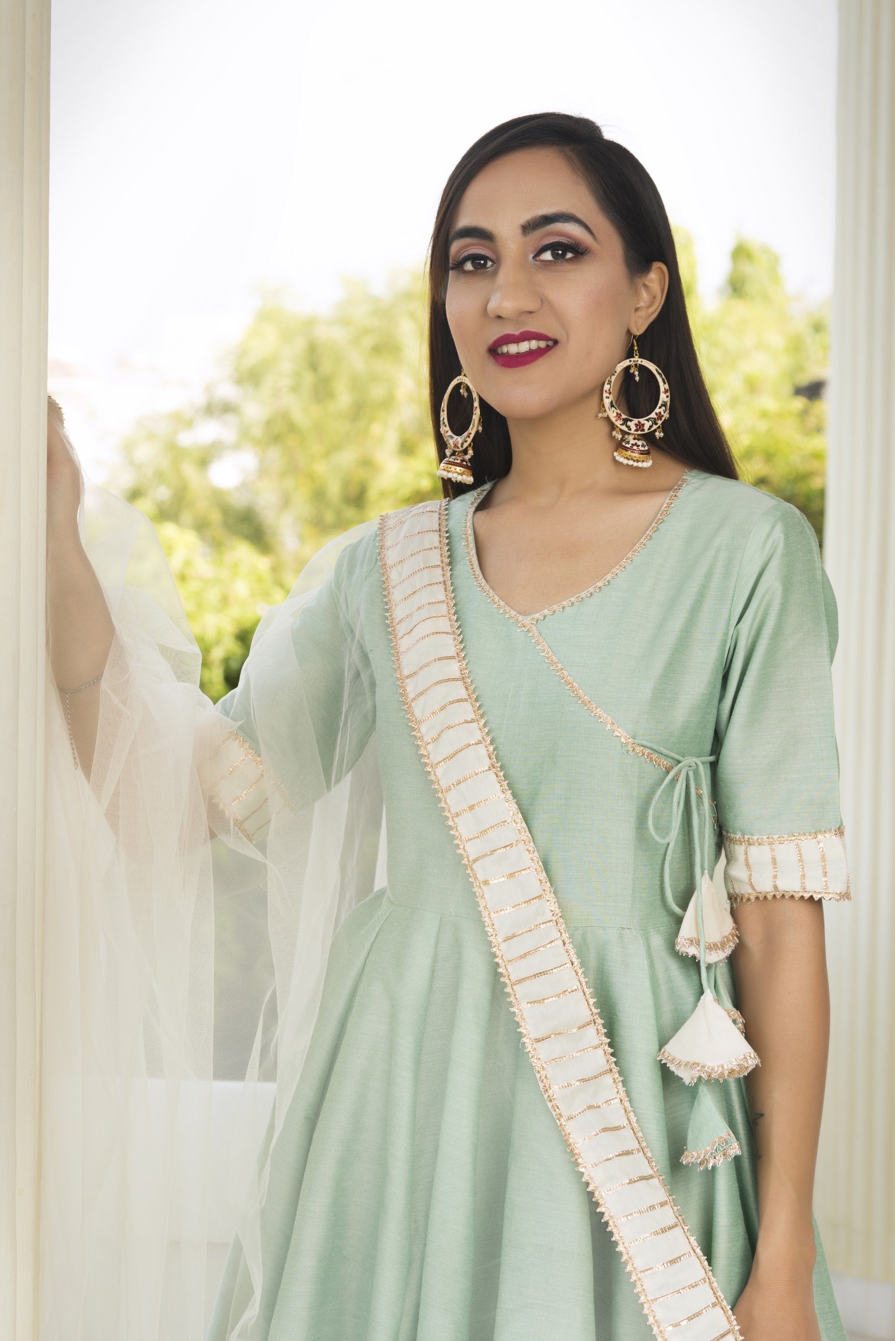 Women's Cotton Silk Mint Angrakha - Pomcha Jaipur
