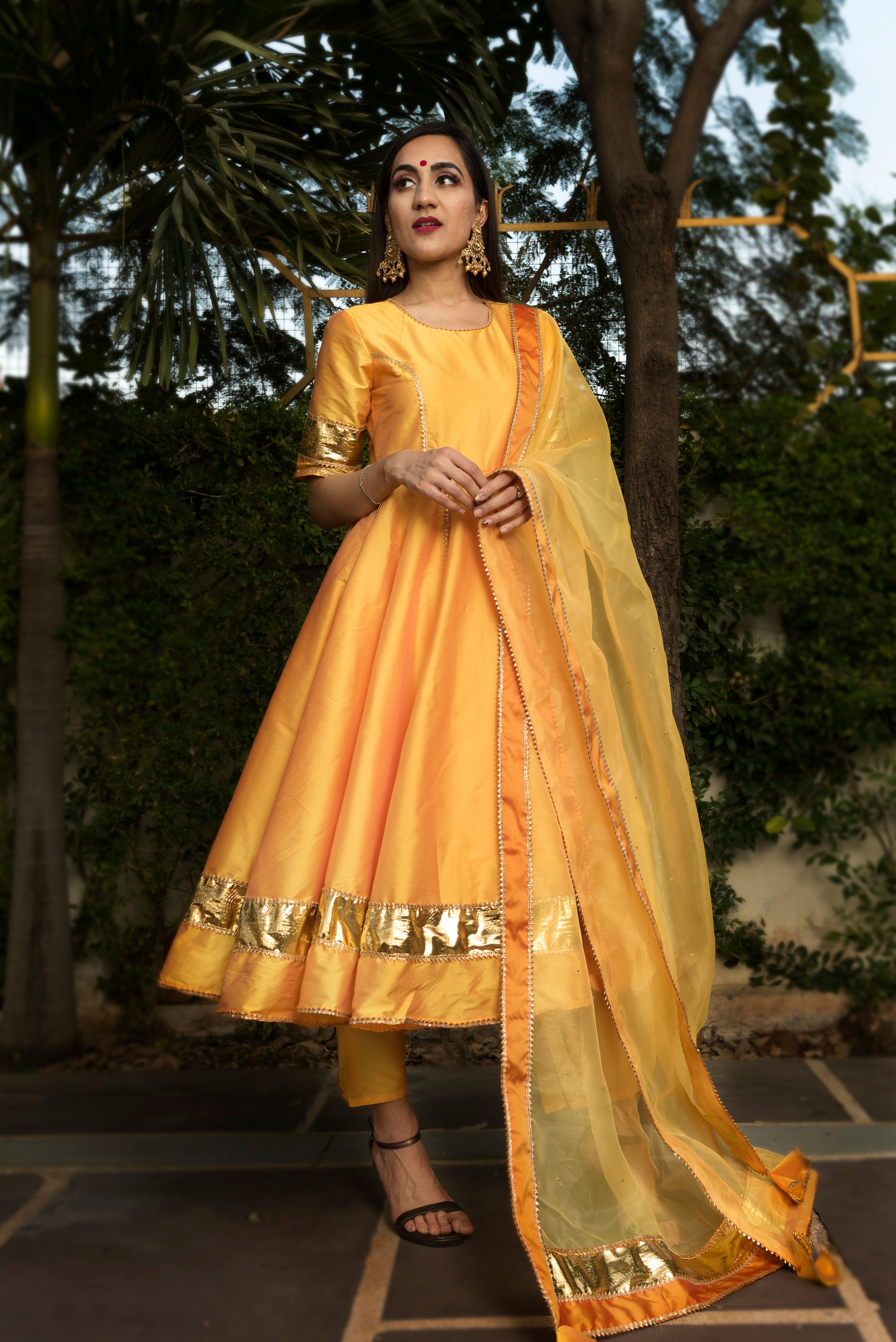 Women's Taffeta  Silk Yellow Anarkali- Pomcha Jaipur