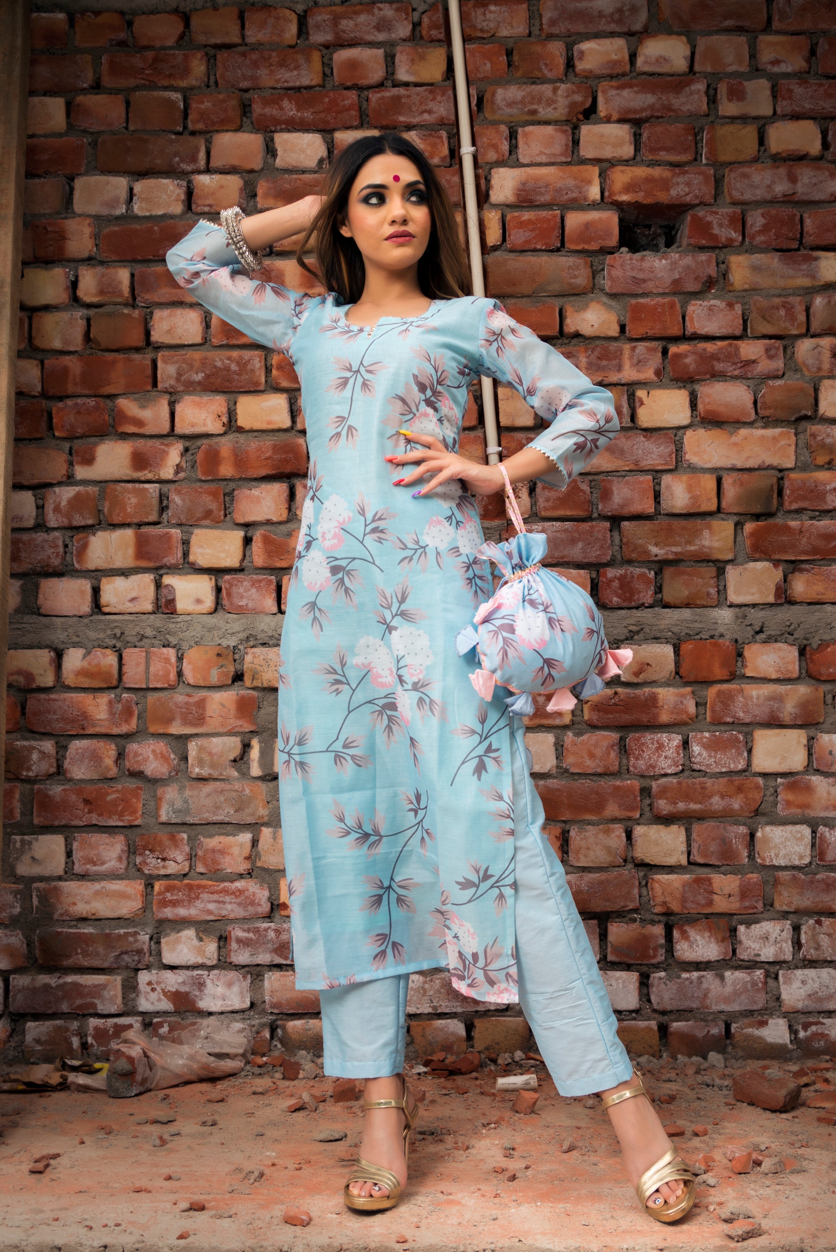Women's peony blue modal cotton suit set - Pomcha Jaipur