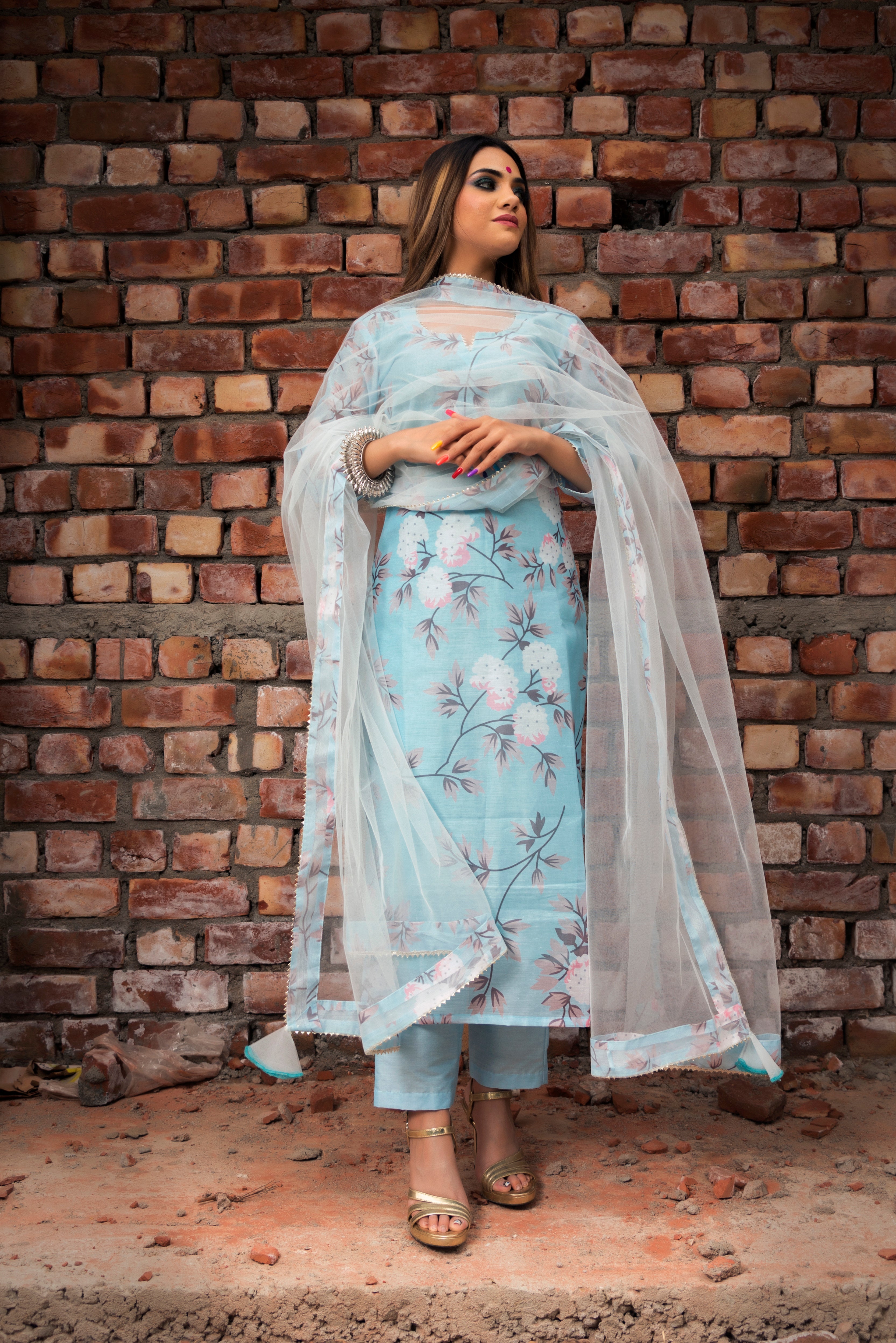 Women's peony blue modal cotton suit set - Pomcha Jaipur