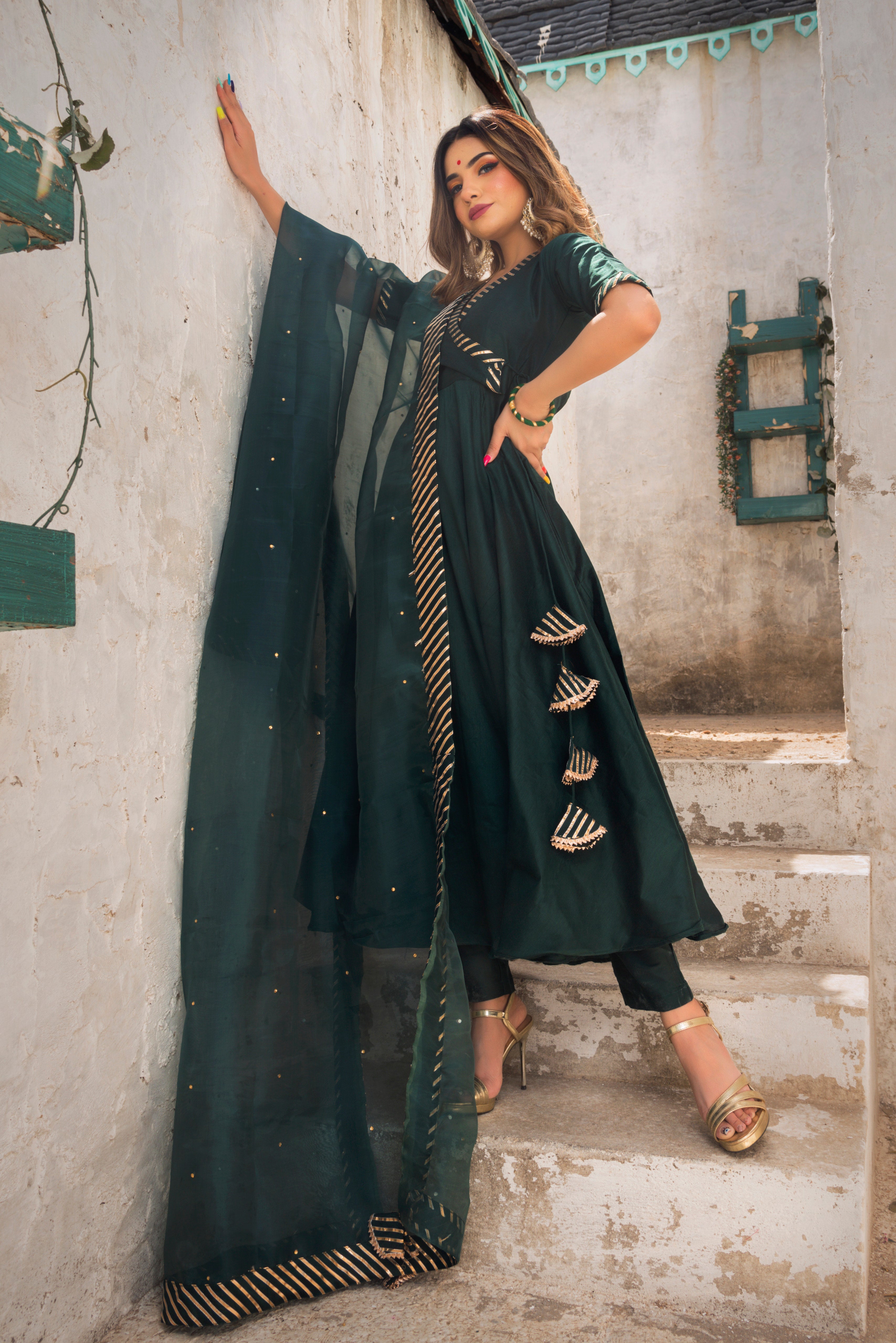 Women's poppy green pure cotton silk angrakha set - Pomcha Jaipur