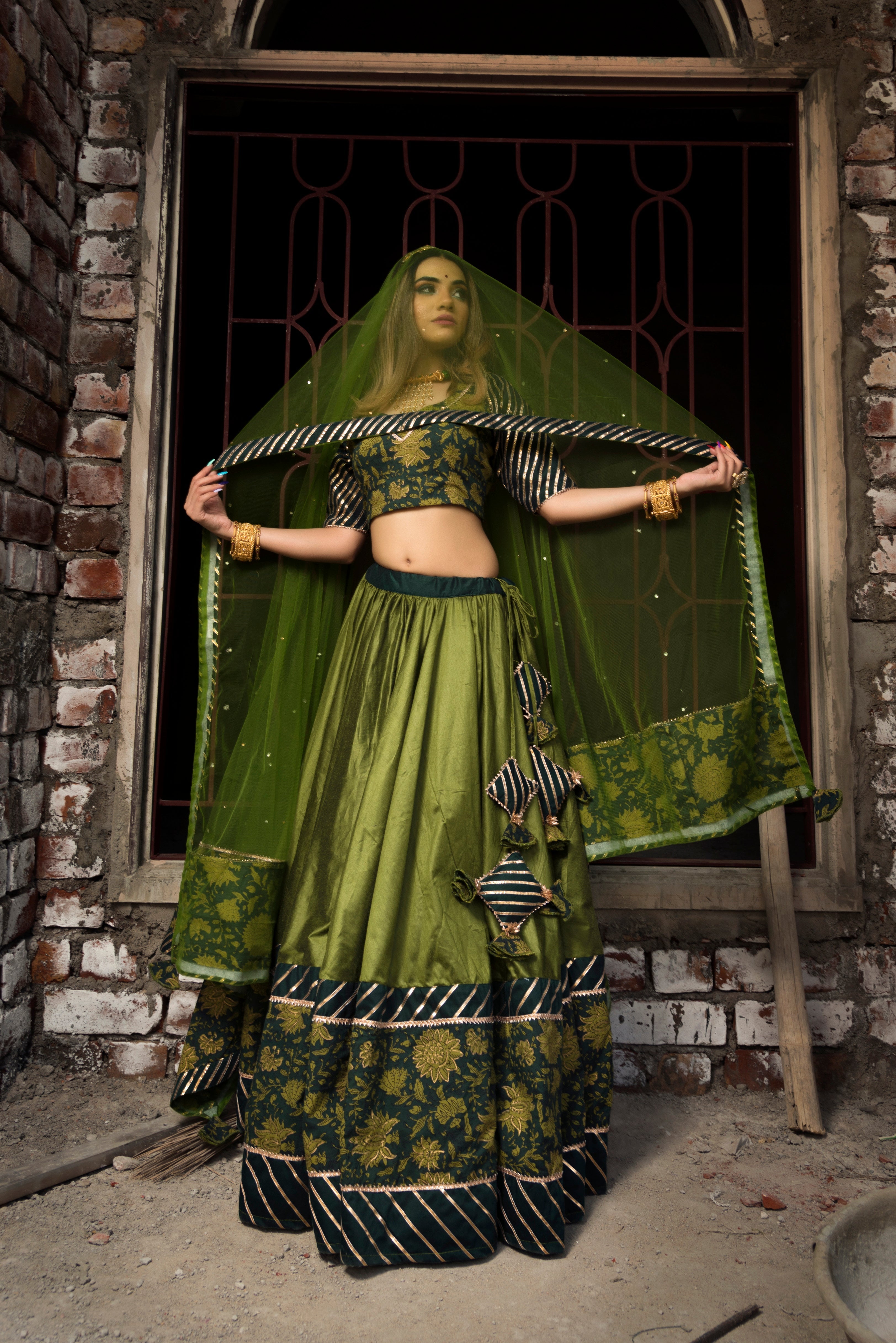 Women's idika green cotton silk lehenga set - Pomcha Jaipur