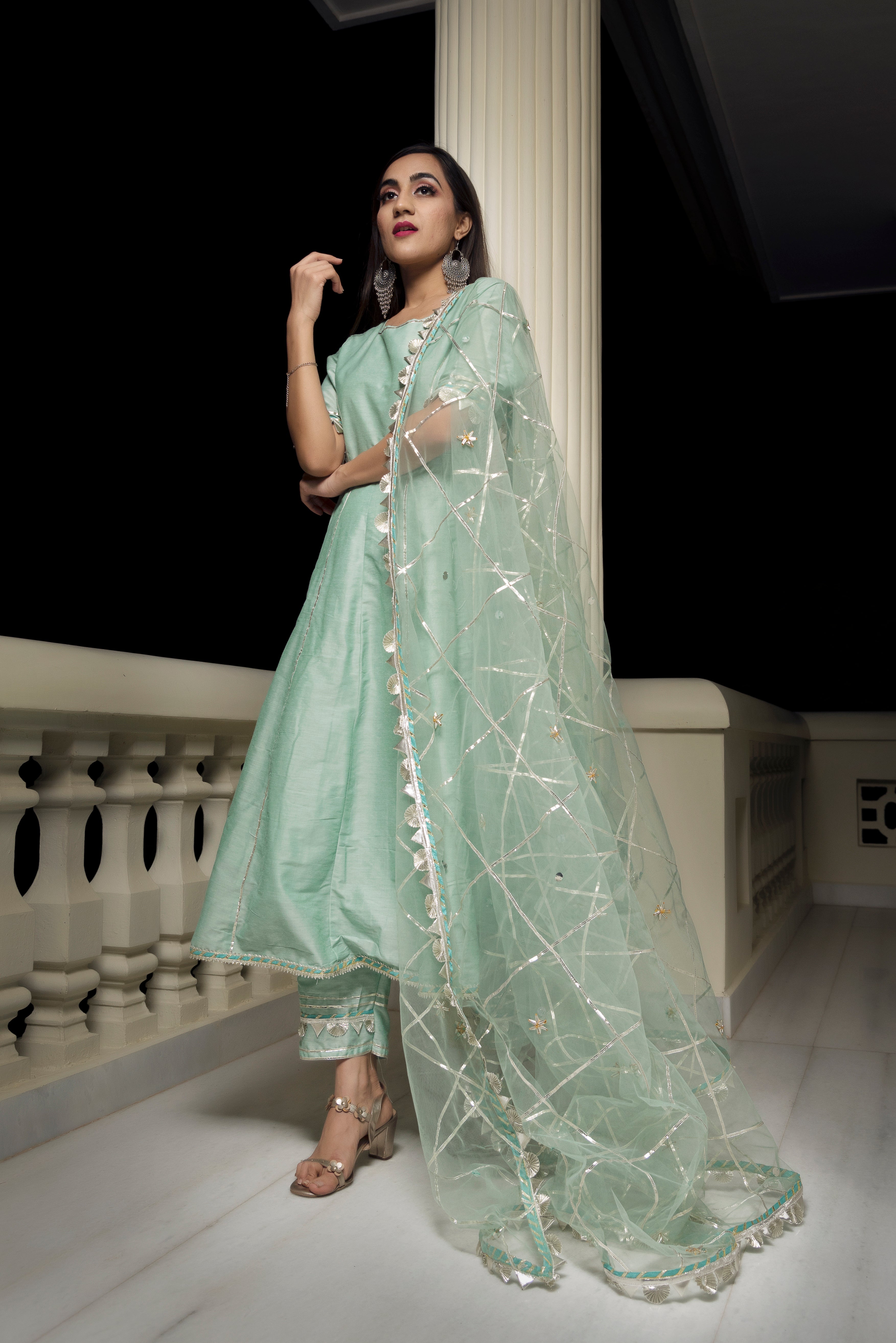 Women's Gotta Jaal Cotton Silk Mint Green Anarkali - Pomcha Jaipur