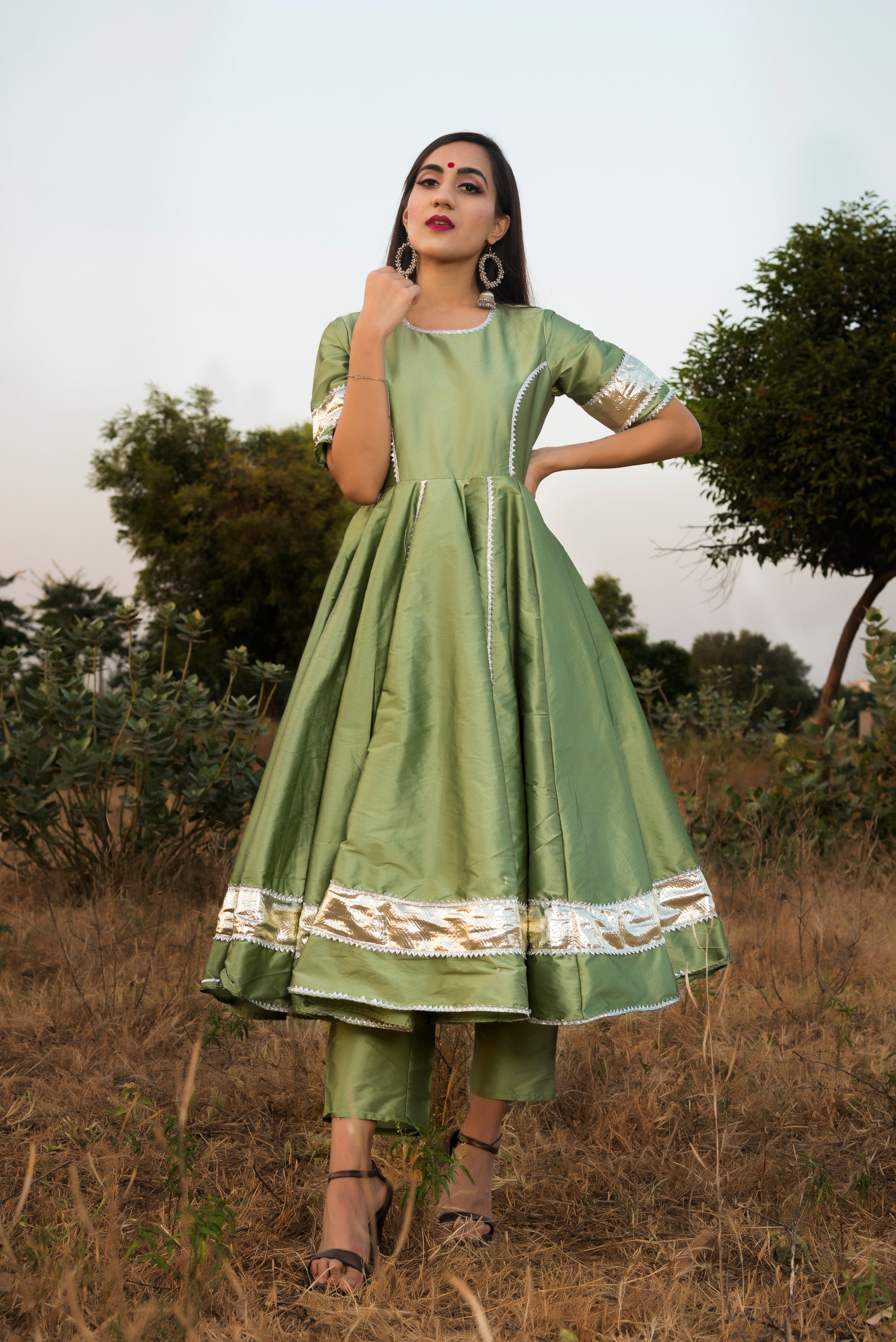 Women's Taffeta Silk mint Green Anarkali- Pomcha Jaipur