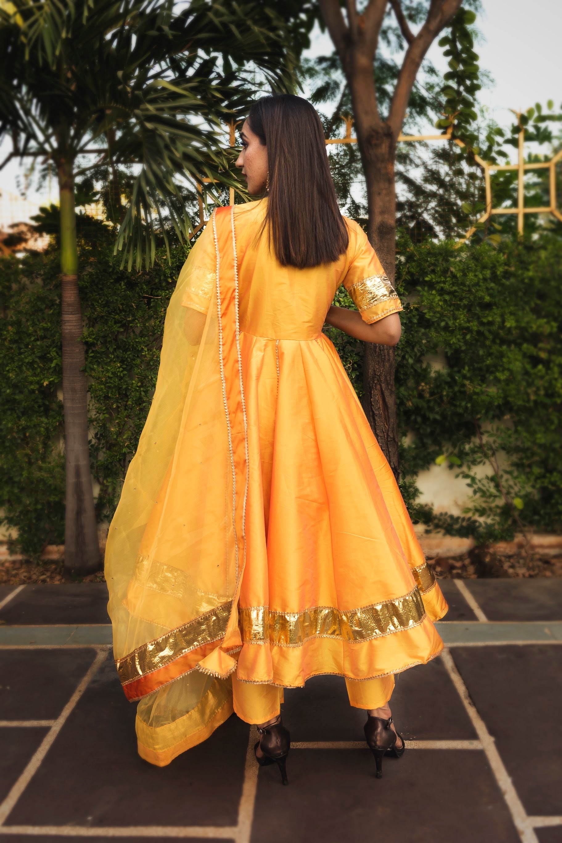 Women's Taffeta  Silk Yellow Anarkali- Pomcha Jaipur