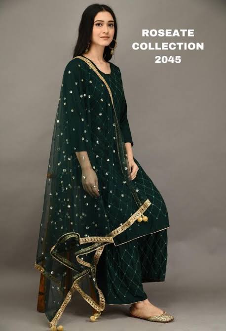 Women`s kurta ,palazzo Suit Set with net dupatta by MANOHARA (Set of 3)