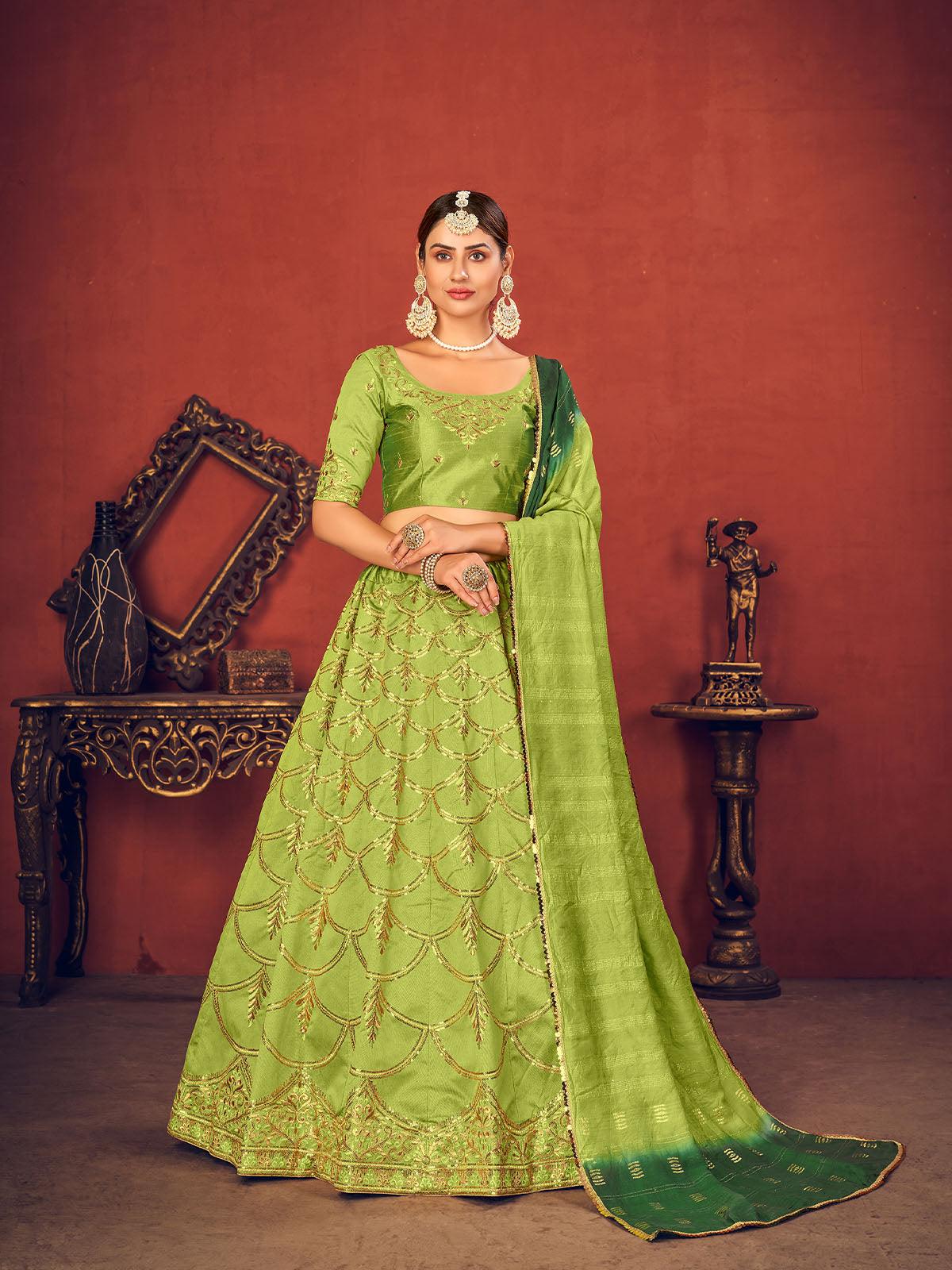 Women's Impressive Floracance Green Art Silk Lehenga Set - Odette