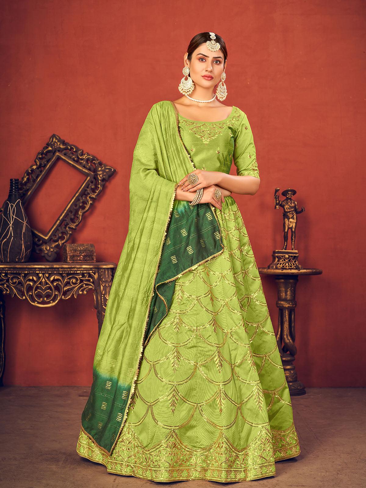Women's Impressive Floracance Green Art Silk Lehenga Set - Odette