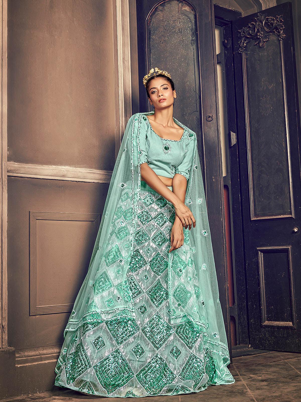 Women's Impressive Turquoise Blue Net Sequins Lehenga Set - Odette