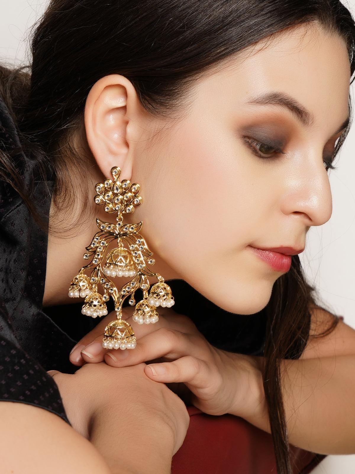 Women's Intricate Design Kundan And Pearl Dangle Earrings - Odette