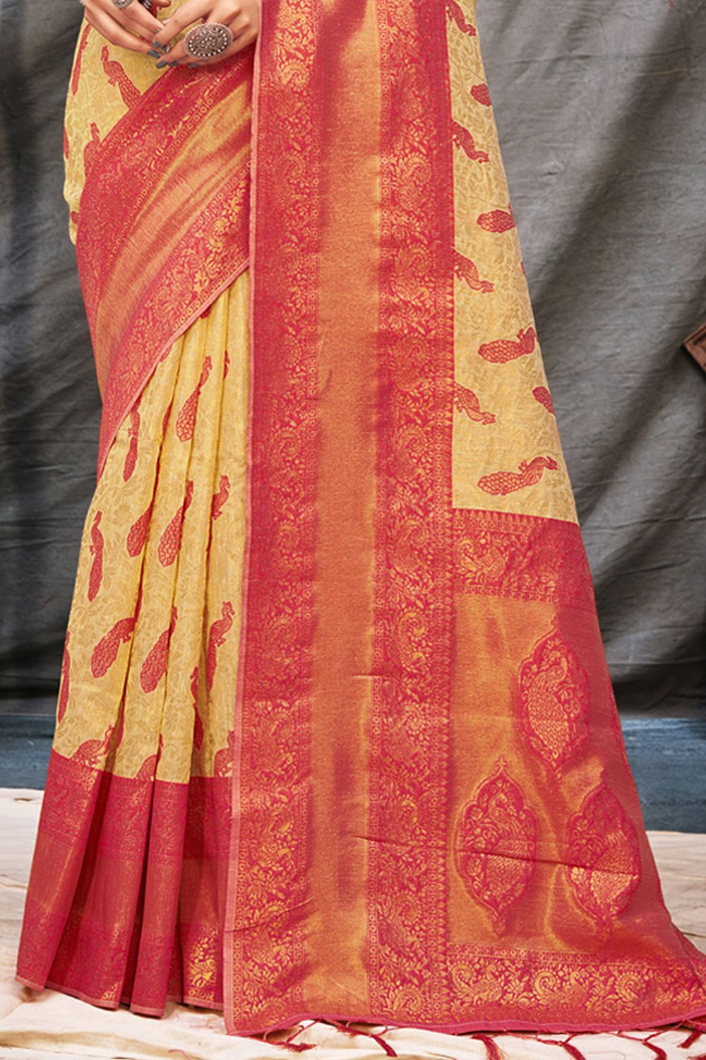 Women's Beige Organza Woven Zari Work Traditional Tassle Saree - Sangam Prints
