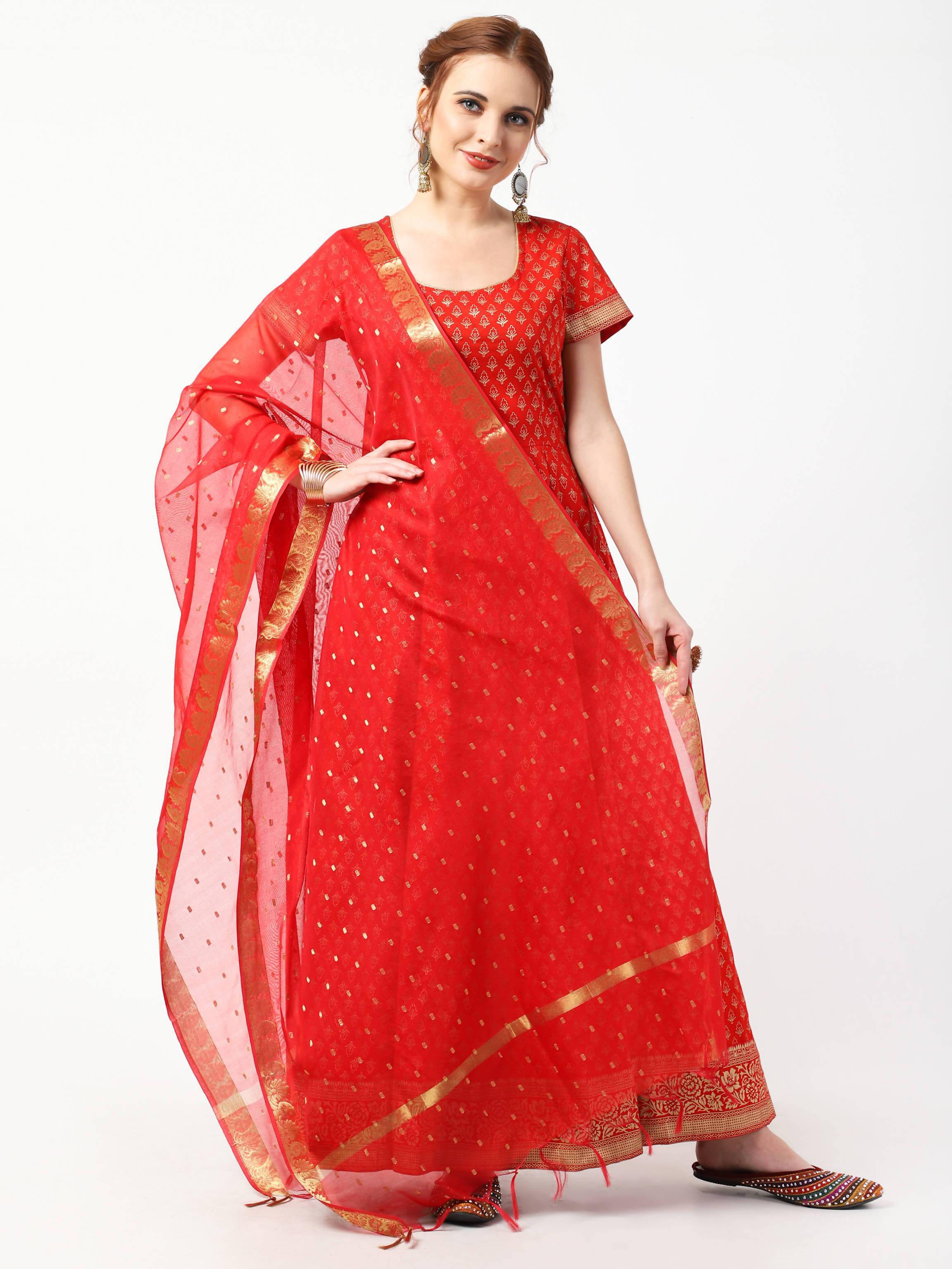 Women's Red Cotton Hand Block Print Long Dress With Silk Dupatta Set - Cheera