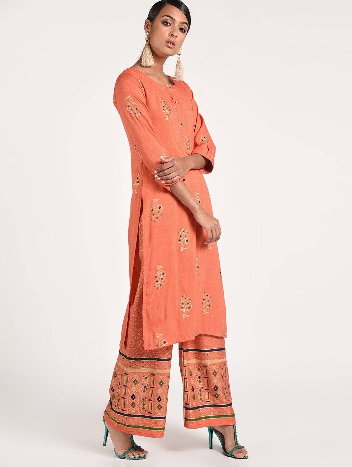 Women's Peach Viscose Rayon Beautiful Gold Print And Highlights With Sequence Straight Kurta Only - Cheera
