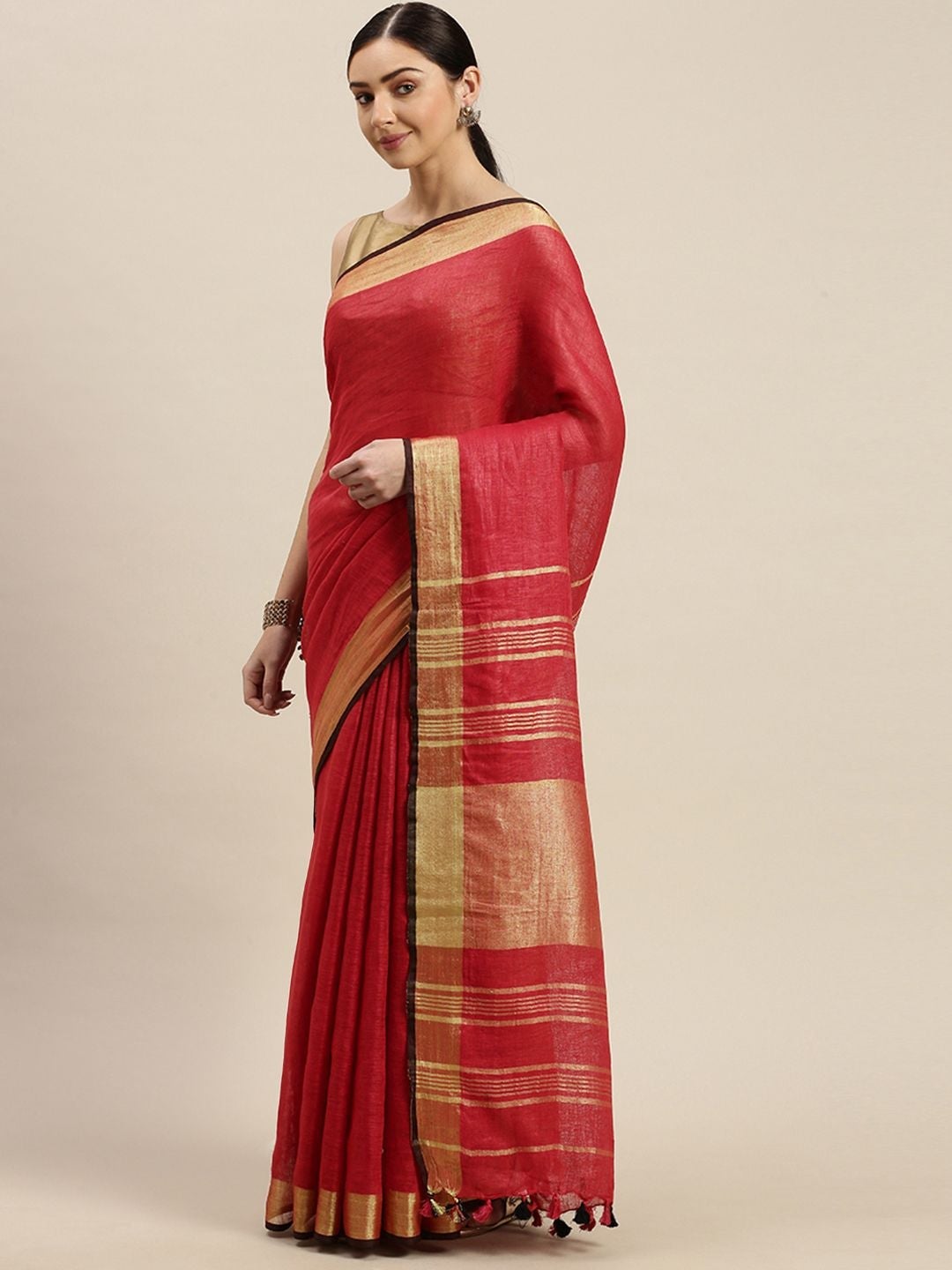 Women's Pure Handloom Linen Golden Zari Border Saree With Tassels - Olive Mist
