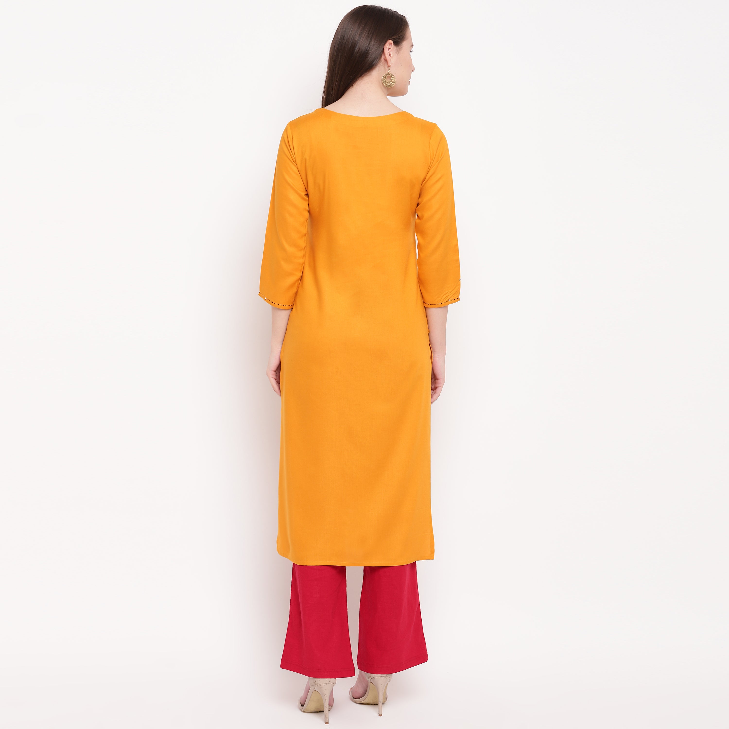 Women's Embroidered/Solid Straight Rayon Yellow Kurta (1Pc) - Vbuyz