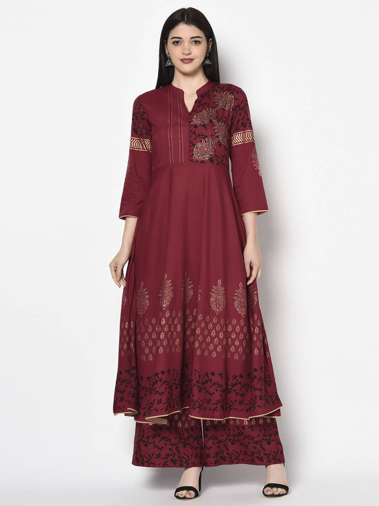 Women's Maroon Rayon Block print Anarkali kurta