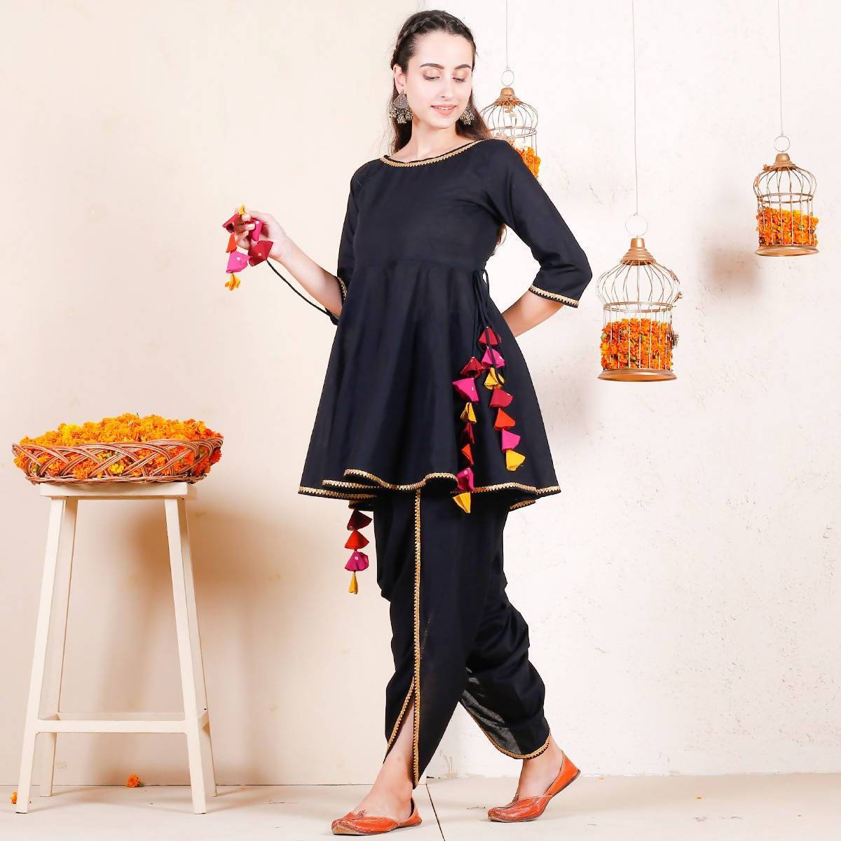 Women's Black Dhoti Peplum Top Set With Multicolour Tassels - Cheera
