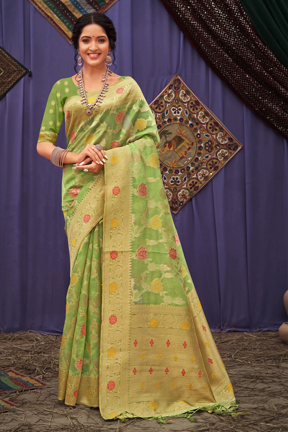 Women's Light Green Organza Woven Zari Work Traditional Tassle Saree - Sangam Prints