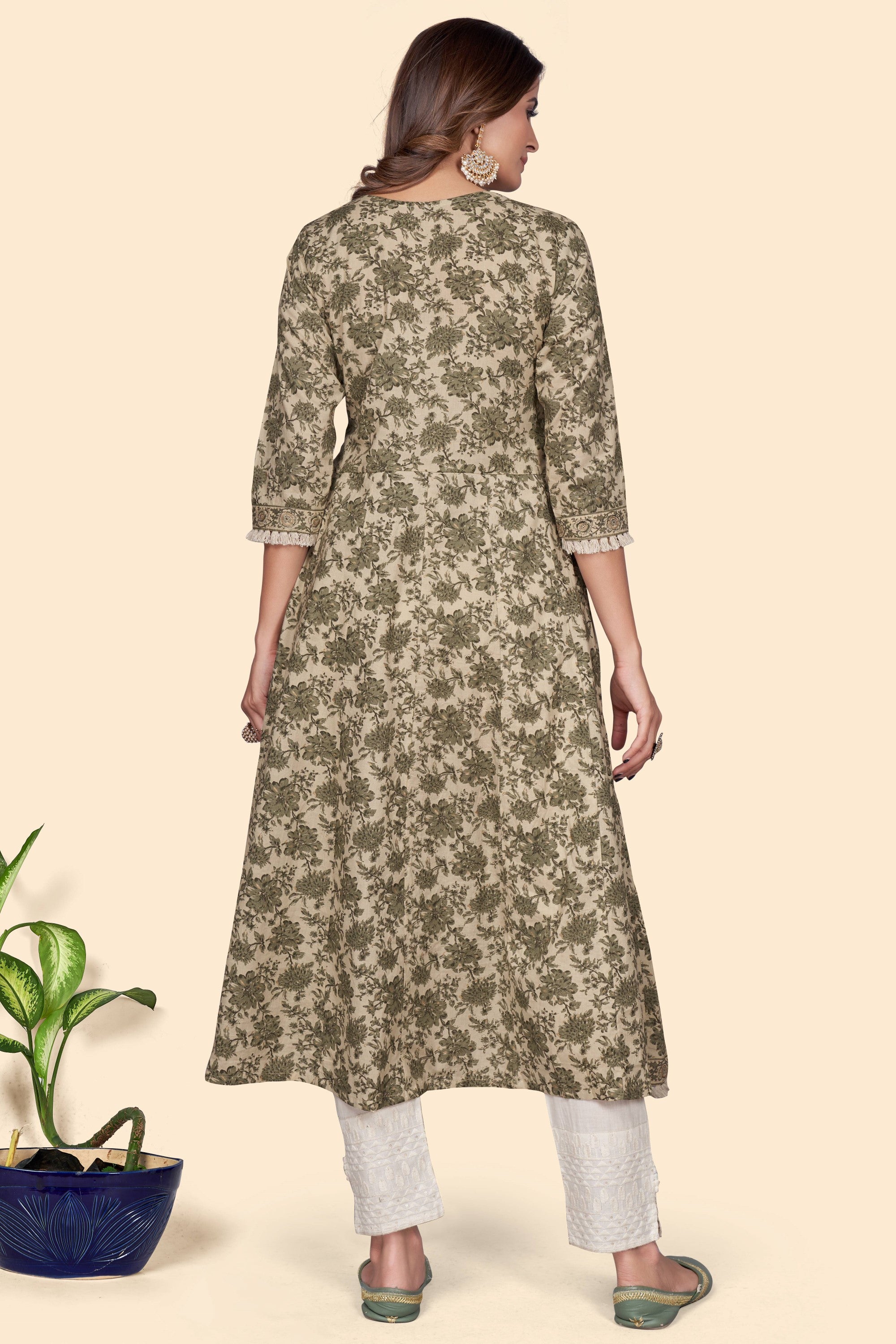 Women's Print & Embroidered A-Line Cotton Mahendi Green Stitched Kurta - Vbuyz