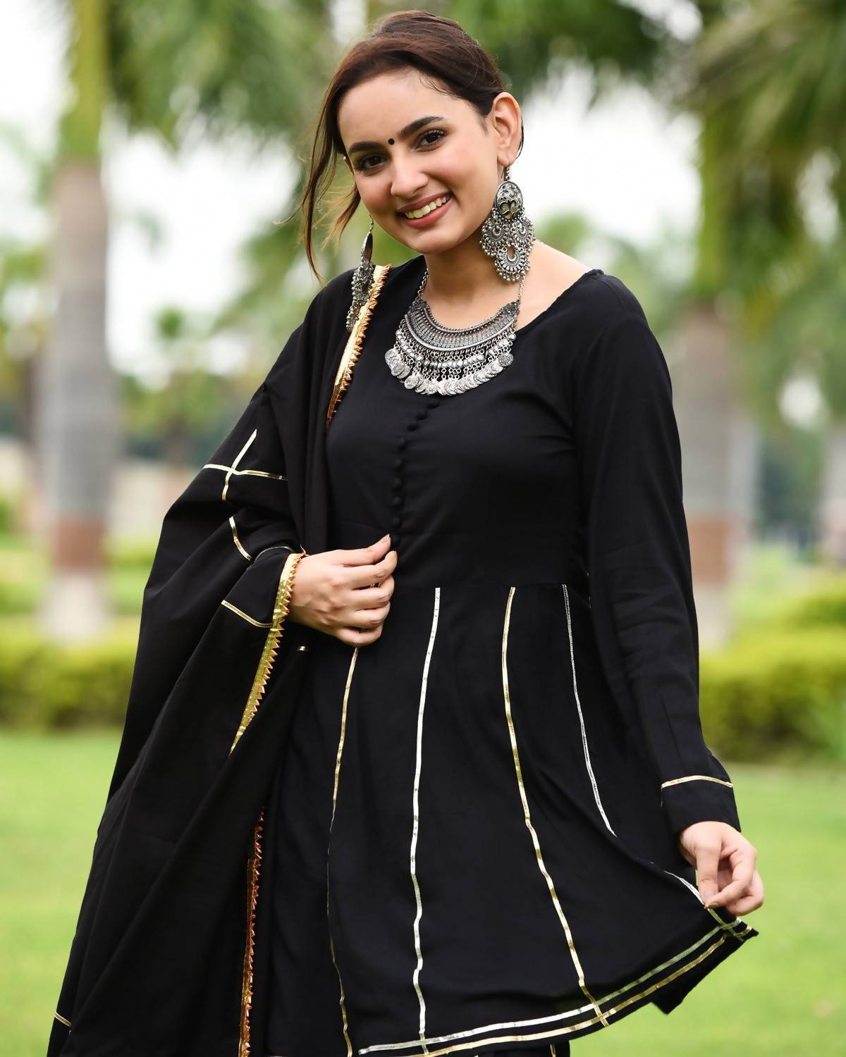 Women's Black 100% Cotton Kurta Sharara Dupatta Set - Cheera